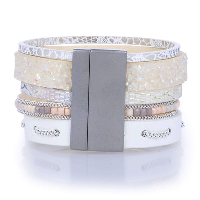Kalifano Multiwrap Bracelets Multiple Layer Mosaic Crystal Leather Strand Bracelet White With Magnetic Clasp BMW-08-WE