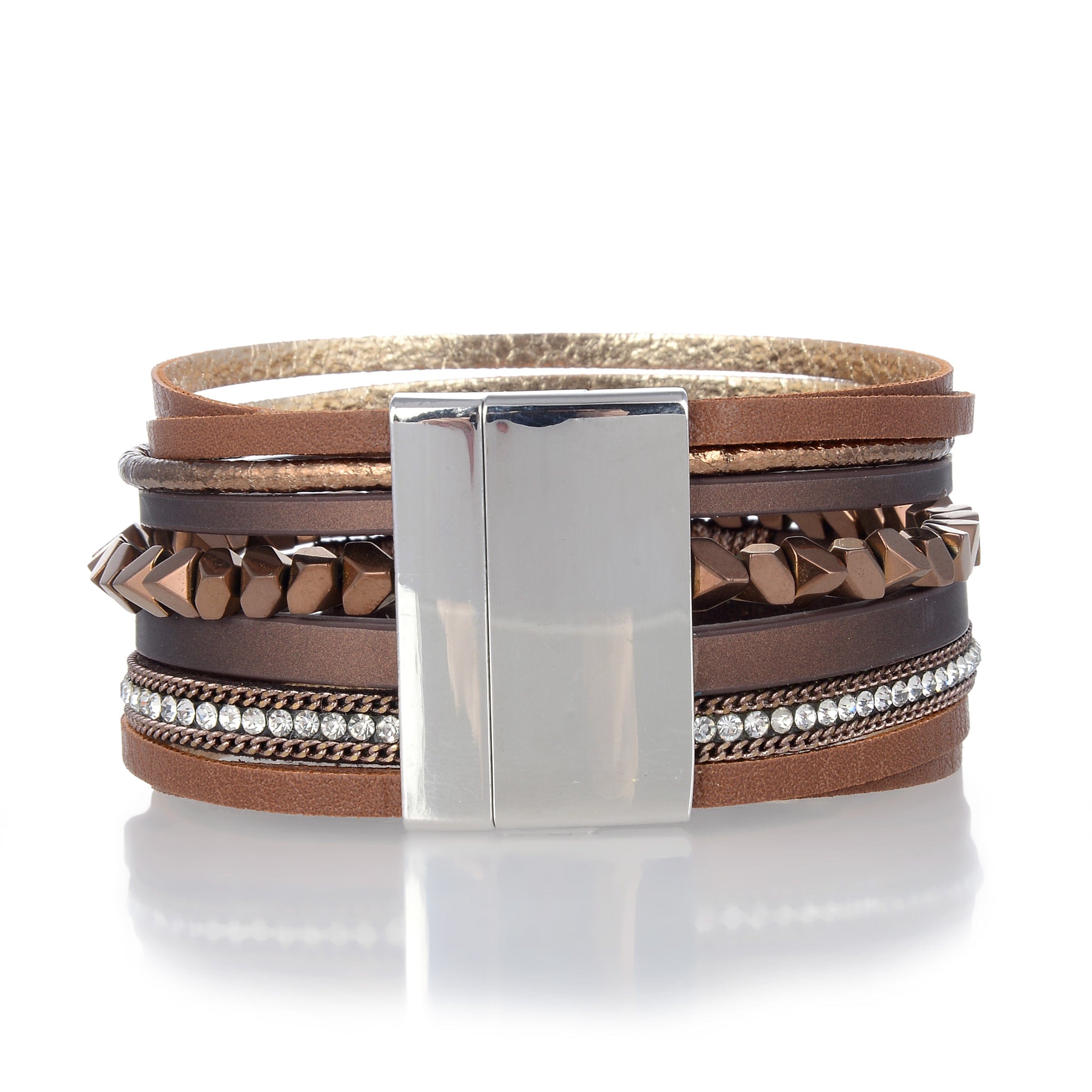 Kalifano Multiwrap Bracelets Multiple Layer Nugget Beads Leather Strand Bracelet Brown With Magnetic Clasp BMW-10-BN