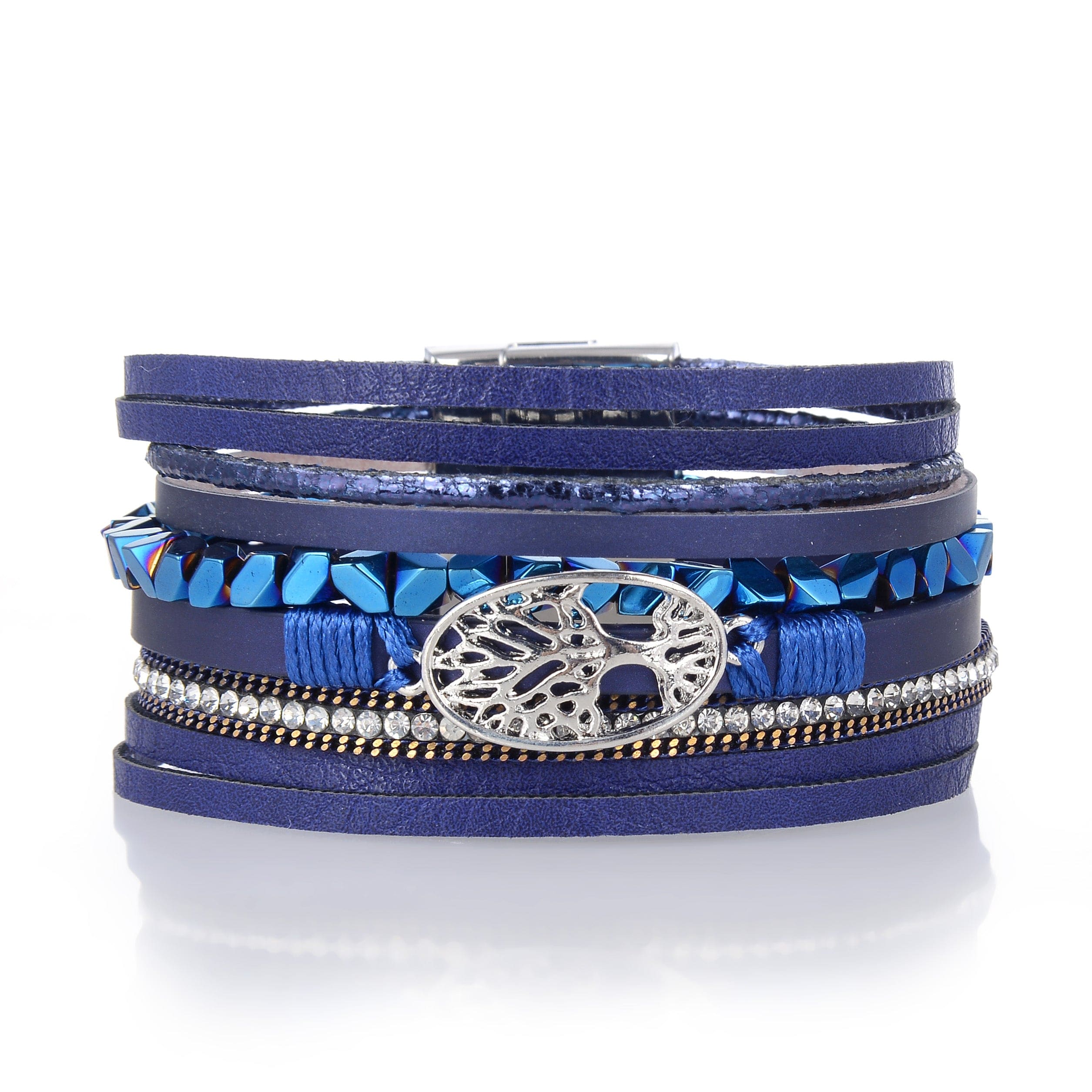 Kalifano Multiwrap Bracelets Multiple Layer Nugget Beads Leather Strand Bracelet Navy Blue With Magnetic Clasp BMW-10-NY