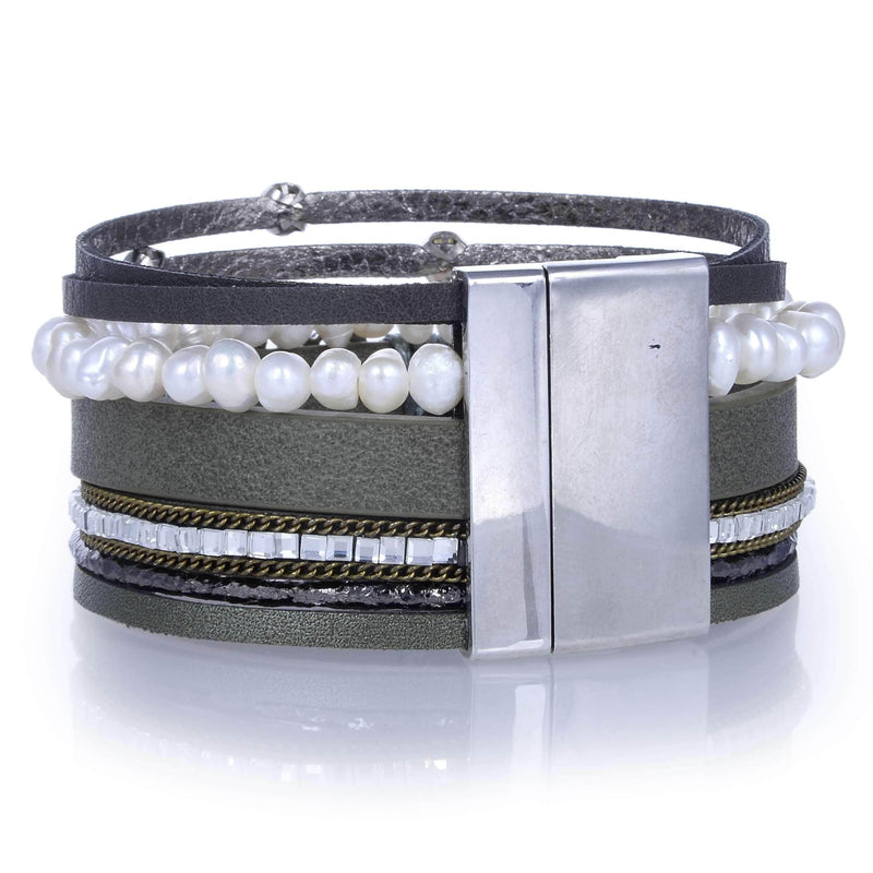 Kalifano Multiwrap Bracelets Multiple Layer Pearl Leather Strand Bracelet Green With Magnetic Clasp BMW-09-GN