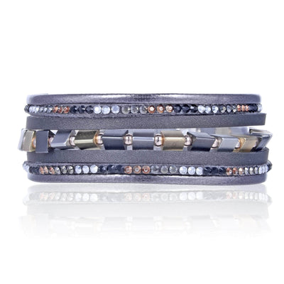 Kalifano Multiwrap Bracelets Multiple Layer Strand Bracelet Leather  Sharp Triangle Beads Gray With Magnetic Clasp BMW-14-GY