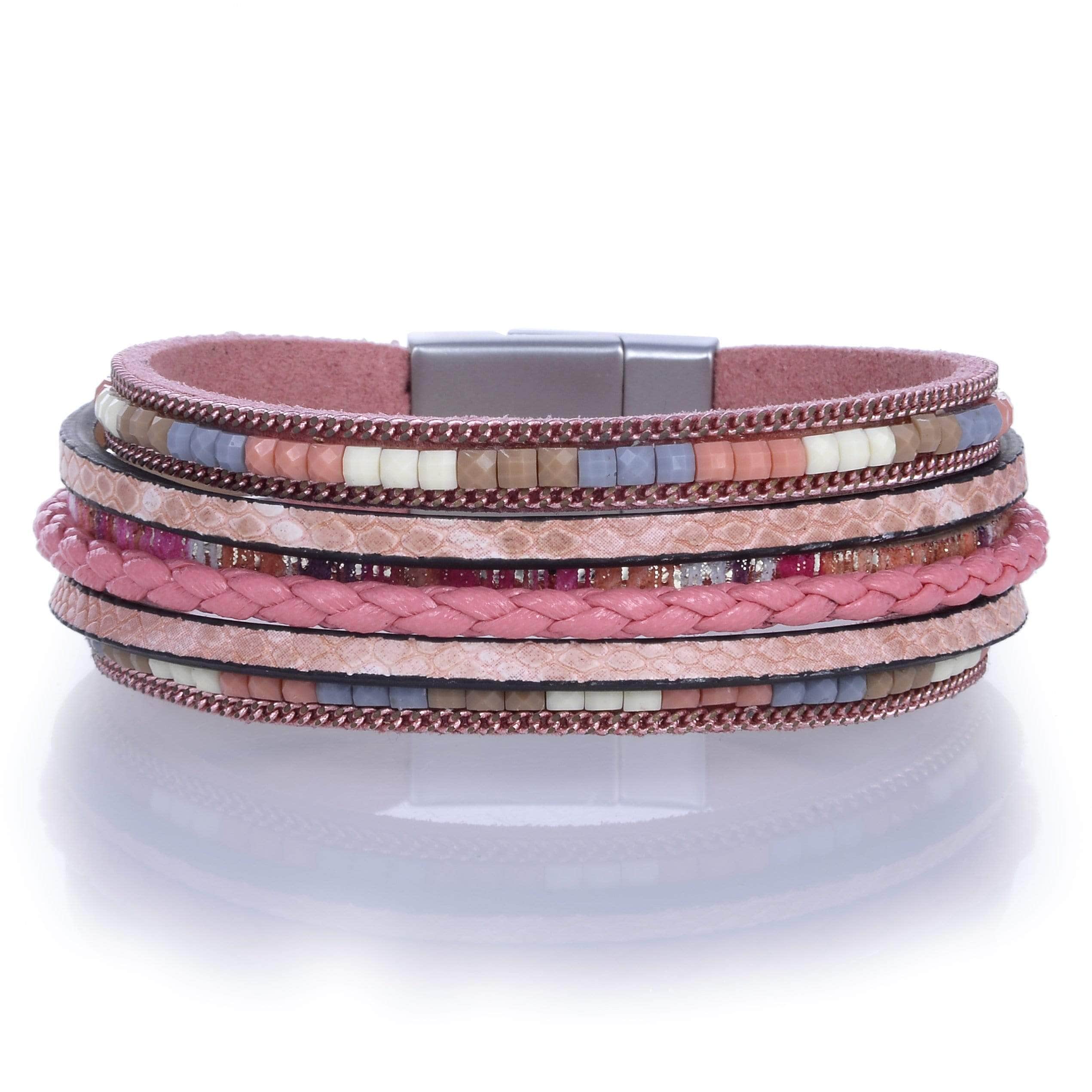 Kalifano Multiwrap Bracelets Multiple Layer Strand Bracelet Woven Leather Pink With Magnetic Clasp BMW-13-PK
