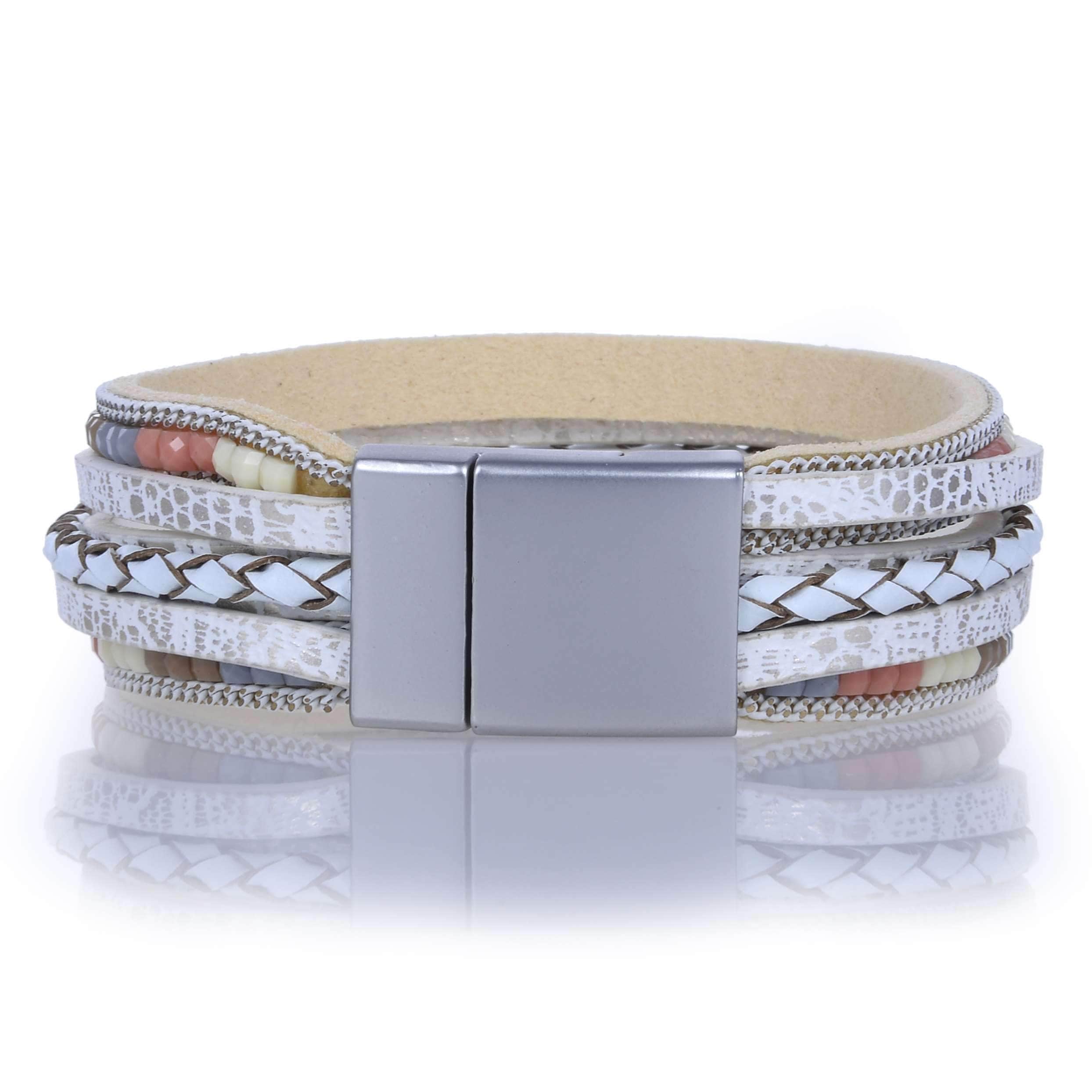 Kalifano Multiwrap Bracelets Multiple Layer Strand Bracelet Woven Leather White With Magnetic Clasp BMW-13-WE