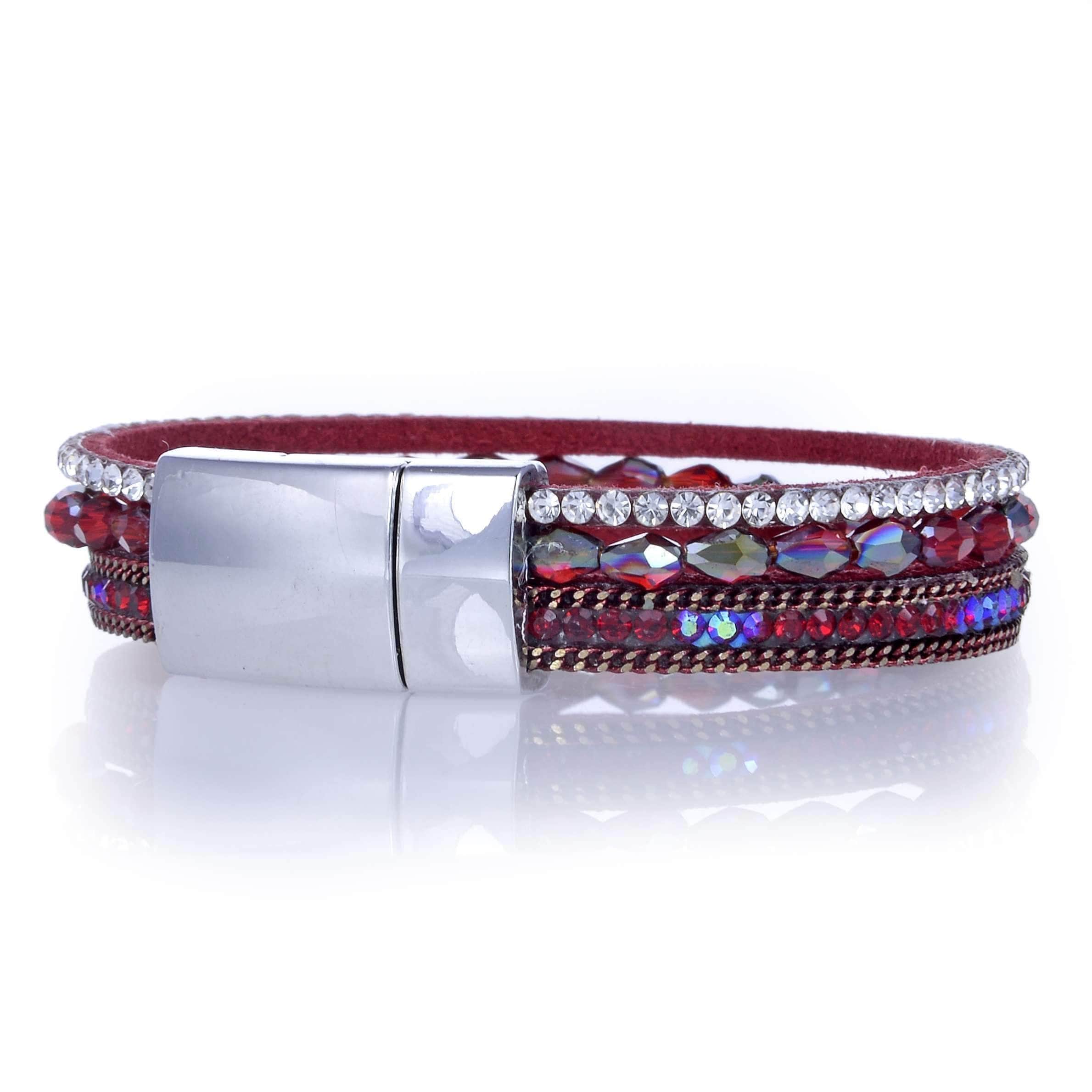 Kalifano Multiwrap Bracelets BMW-19-RD - Multiple Layer Strands Leather Band Bracelet Briolette Gemstone Bead Red with Magnetic Clasp BMW-19-RD