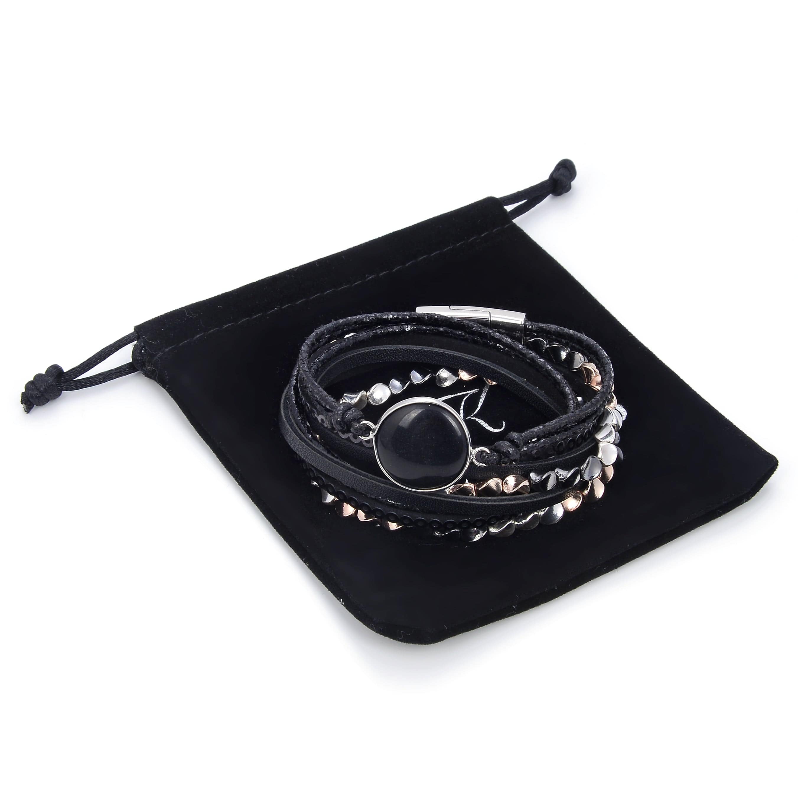 Kalifano Multiwrap Bracelets Multiple Strand Black Bracelet with Natural Gemstone and Magnetic Clasp BMW-32-BK