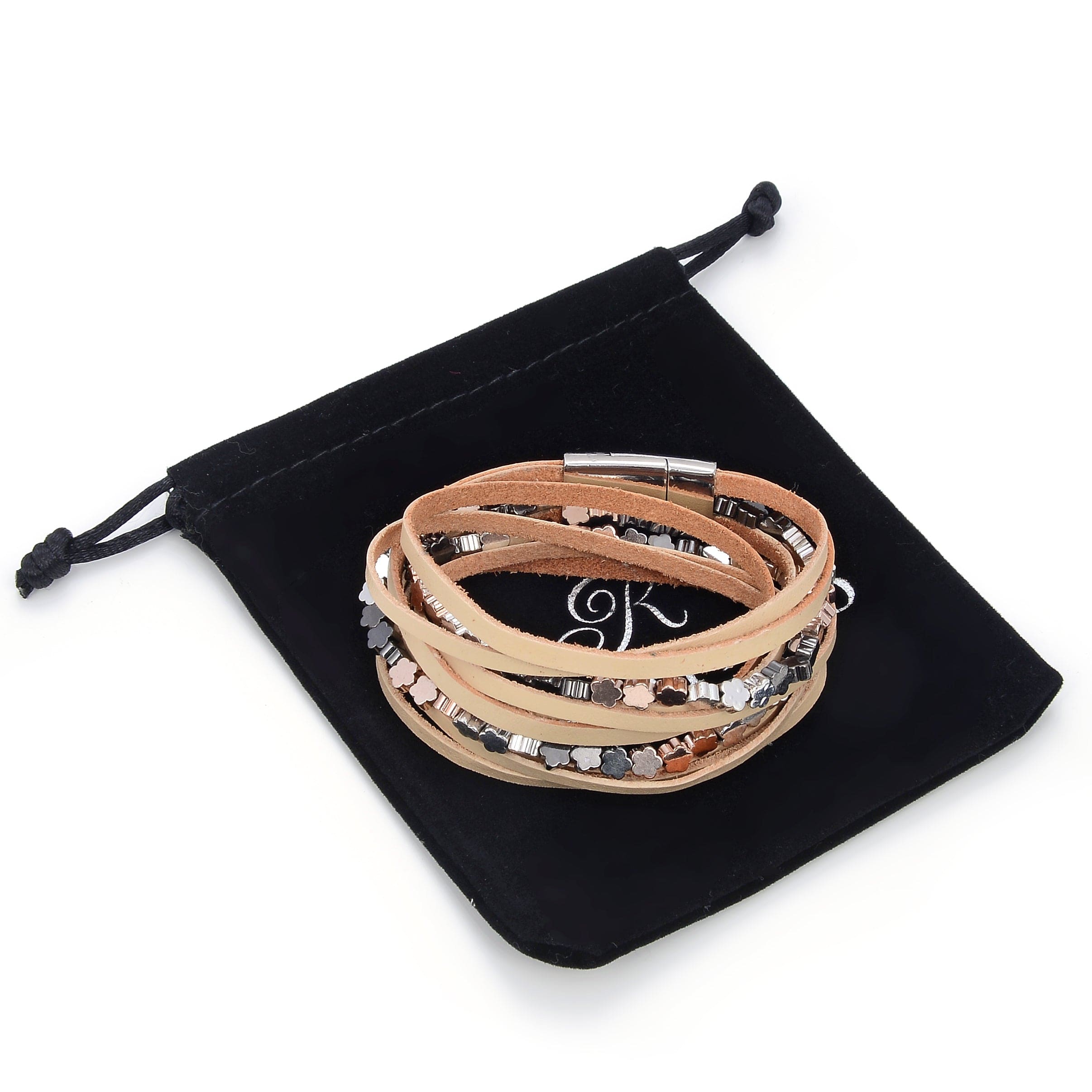 Kalifano Multiwrap Bracelets Multiple Strand Bracelet with Gold Leather and Magnetic Clasp BMW-33-GD