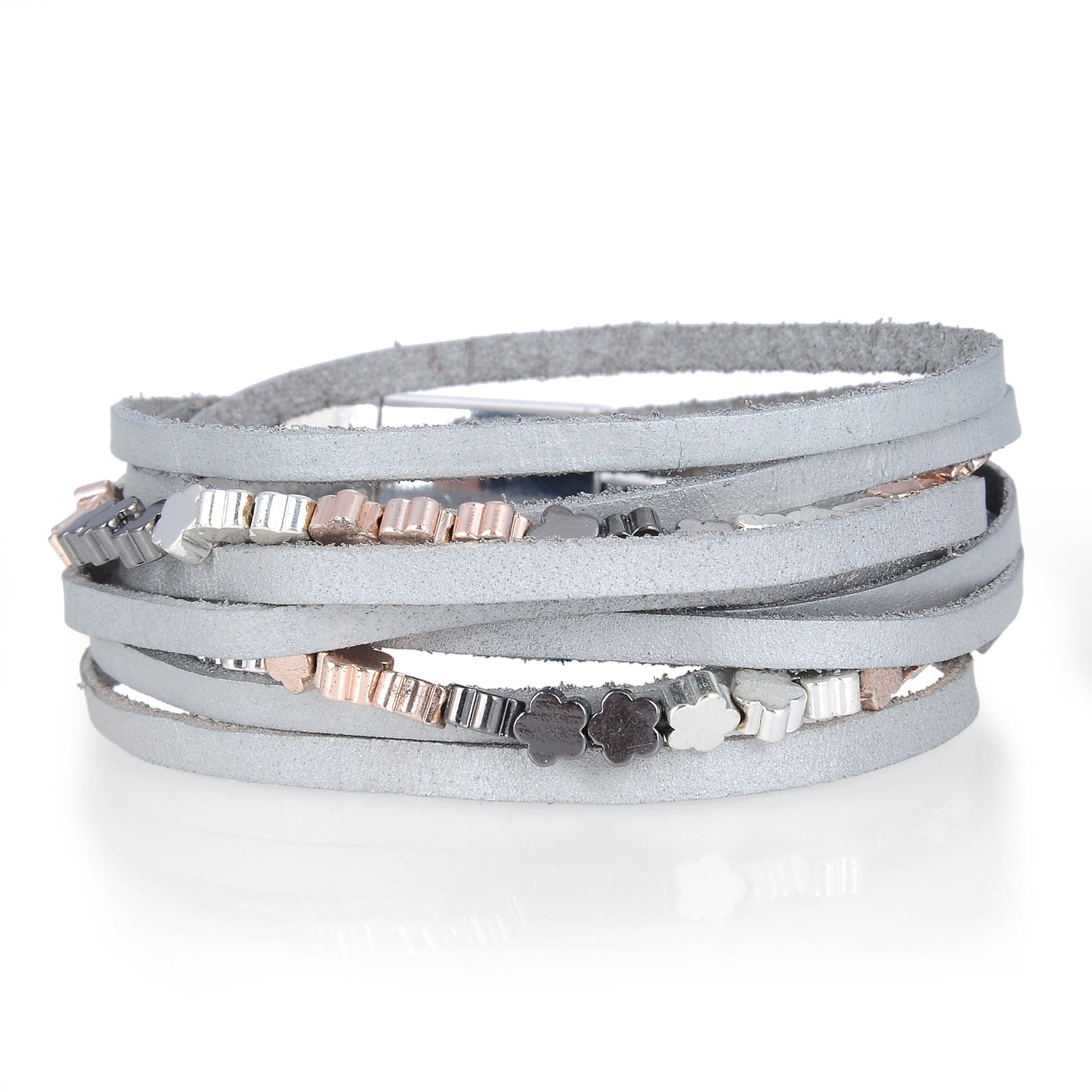 Kalifano Multiwrap Bracelets Multiple Strand Bracelet with Gray Leather and Magnetic Clasp BMW-33-GY