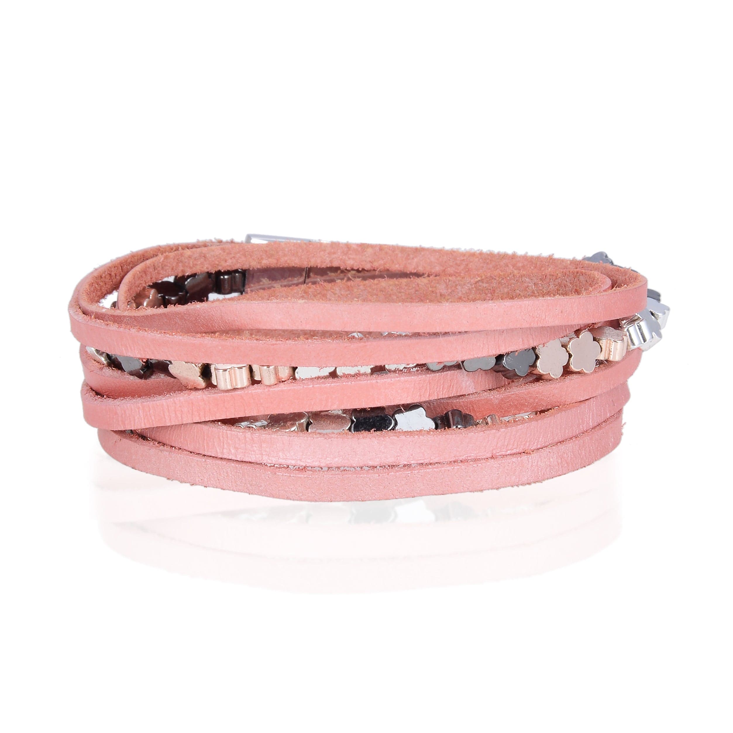 Kalifano Multiwrap Bracelets Multiple Strand Bracelet with Pink Leather and Magnetic Clasp BMW-33-PK