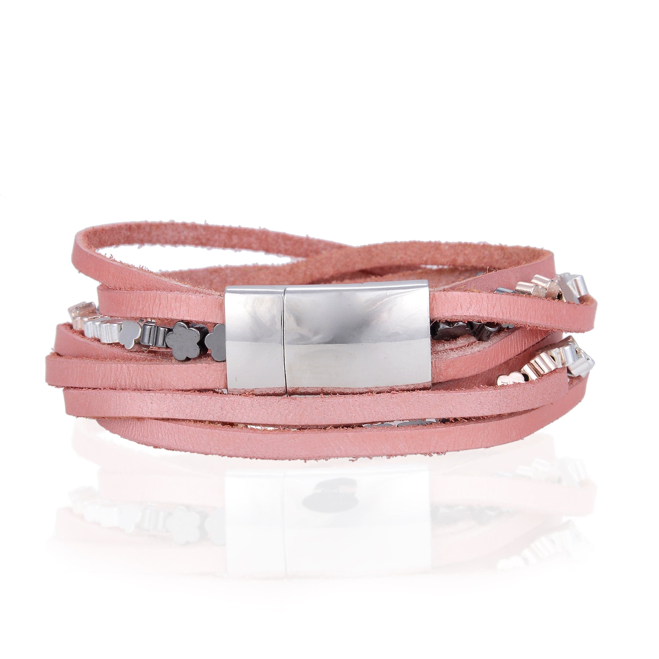 Kalifano Multiwrap Bracelets Multiple Strand Bracelet with Pink Leather and Magnetic Clasp BMW-33-PK
