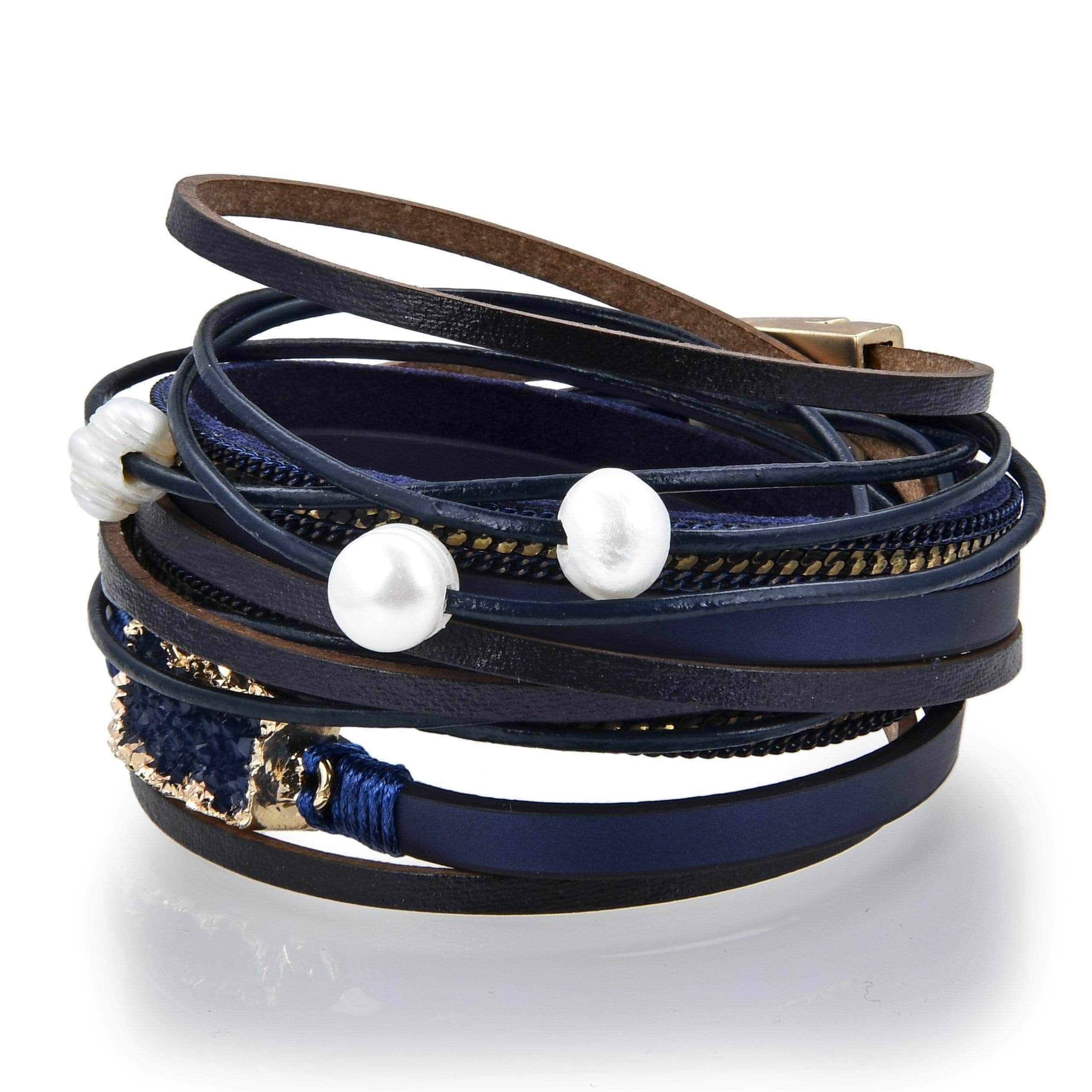 Long Strand Diamond Navy Blue Leather Bracelet | KALIFANO