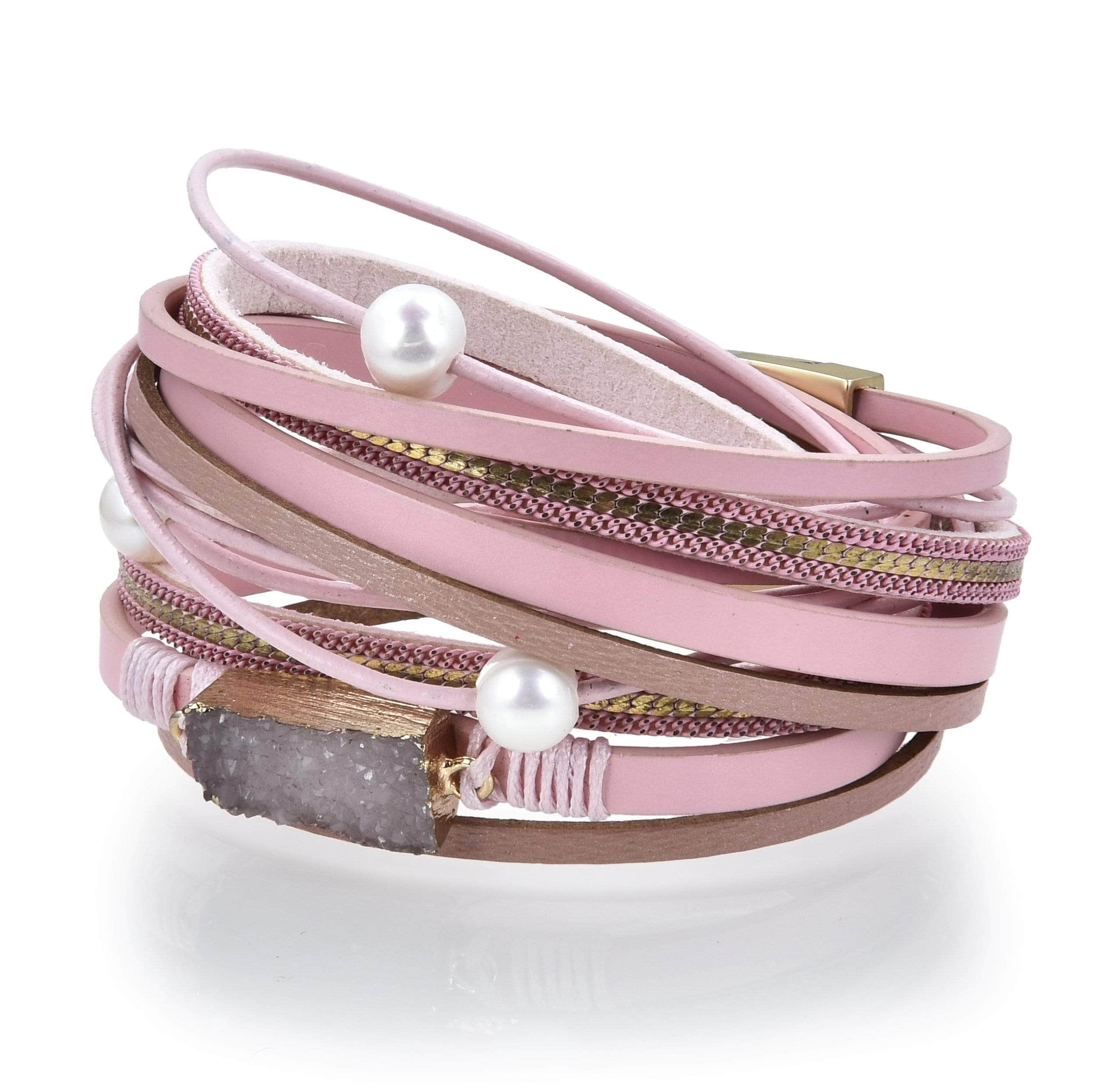 Kalifano Multiwrap Bracelets Multiple Strand Geode Pink Bracelet with Magnetic Clasp BMW-24-PK