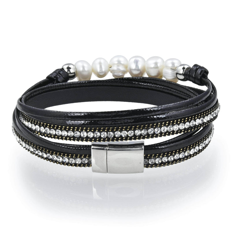 Kalifano Multiwrap Bracelets Multiple Strand Pearl and Diamonds Black Bracelet with Magnetic Clasp BMW-20-BK