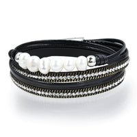 Multiple Strand Pearl and Diamonds Black Bracelet with Magnetic Clasp Main Image