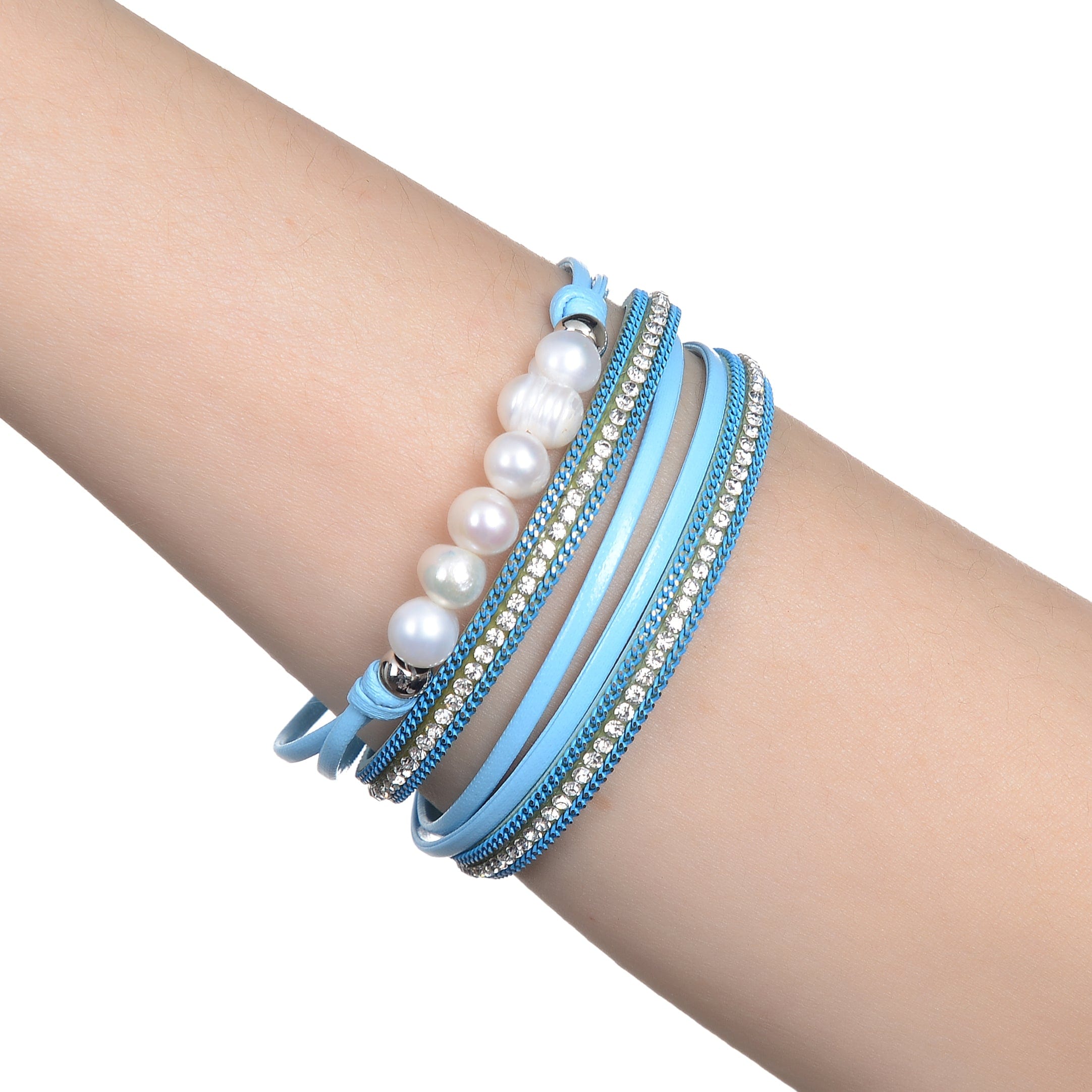 Kalifano Multiwrap Bracelets Multiple Strand Pearl and Diamonds Blue Bracelet with Magnetic Clasp BMW-20-BE