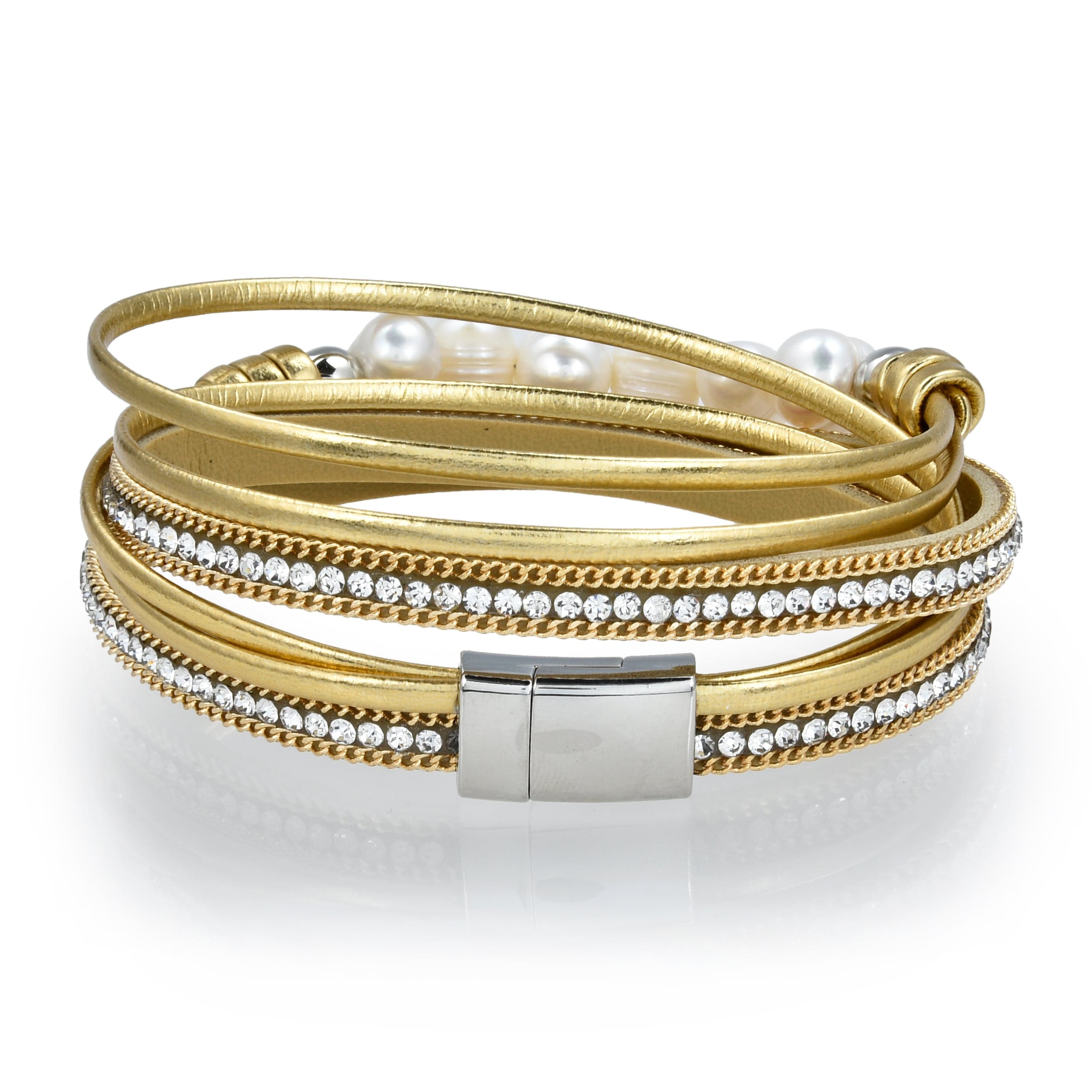 Kalifano Multiwrap Bracelets Multiple Strand Pearl and Diamonds Gold Bracelet with Magnetic Clasp BMW-20-GD