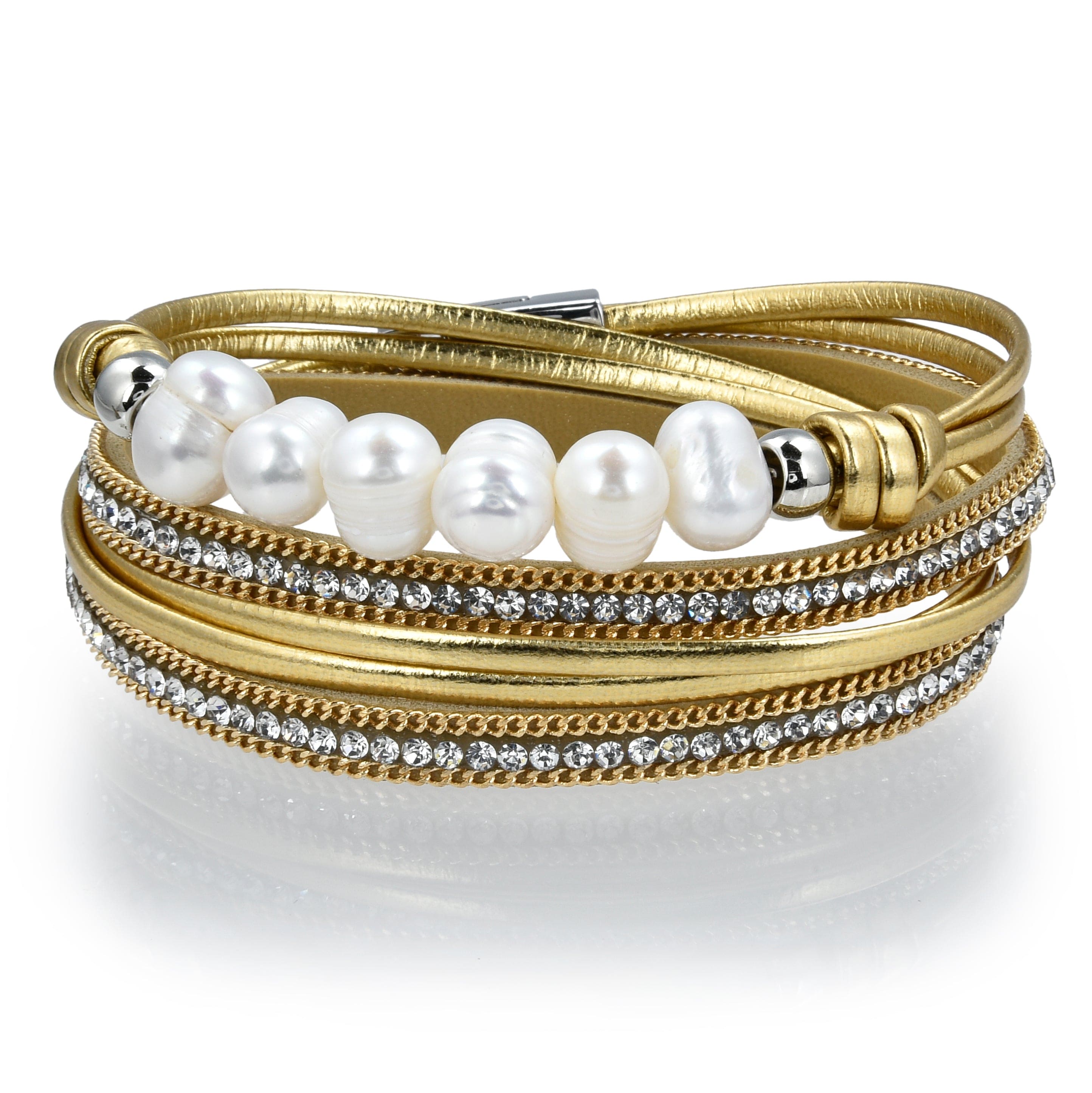 Kalifano Multiwrap Bracelets Multiple Strand Pearl and Diamonds Gold Bracelet with Magnetic Clasp BMW-20-GD