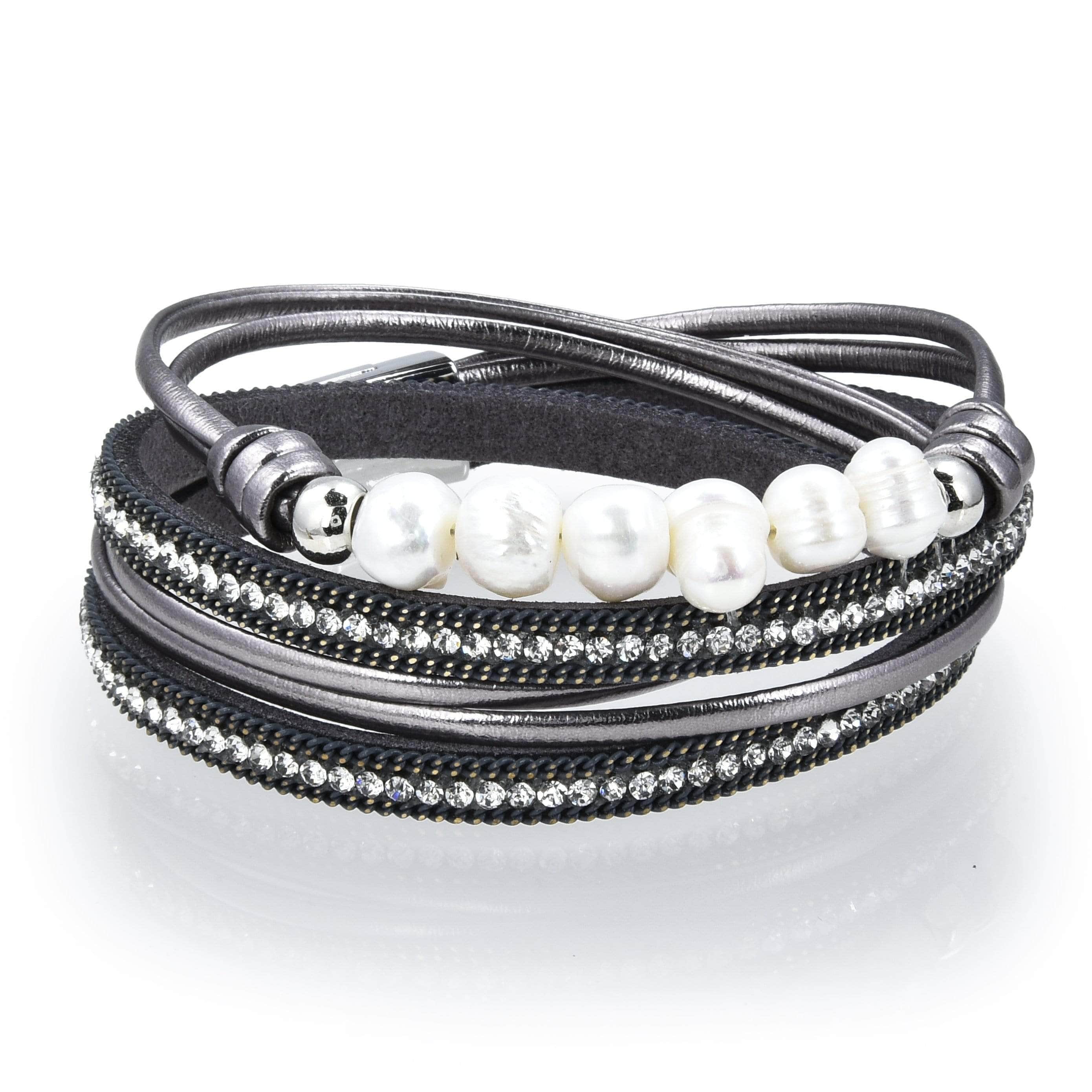 Kalifano Multiwrap Bracelets Multiple Strand Pearl and Diamonds Gray Bracelet with Magnetic Clasp BMW-20-GY