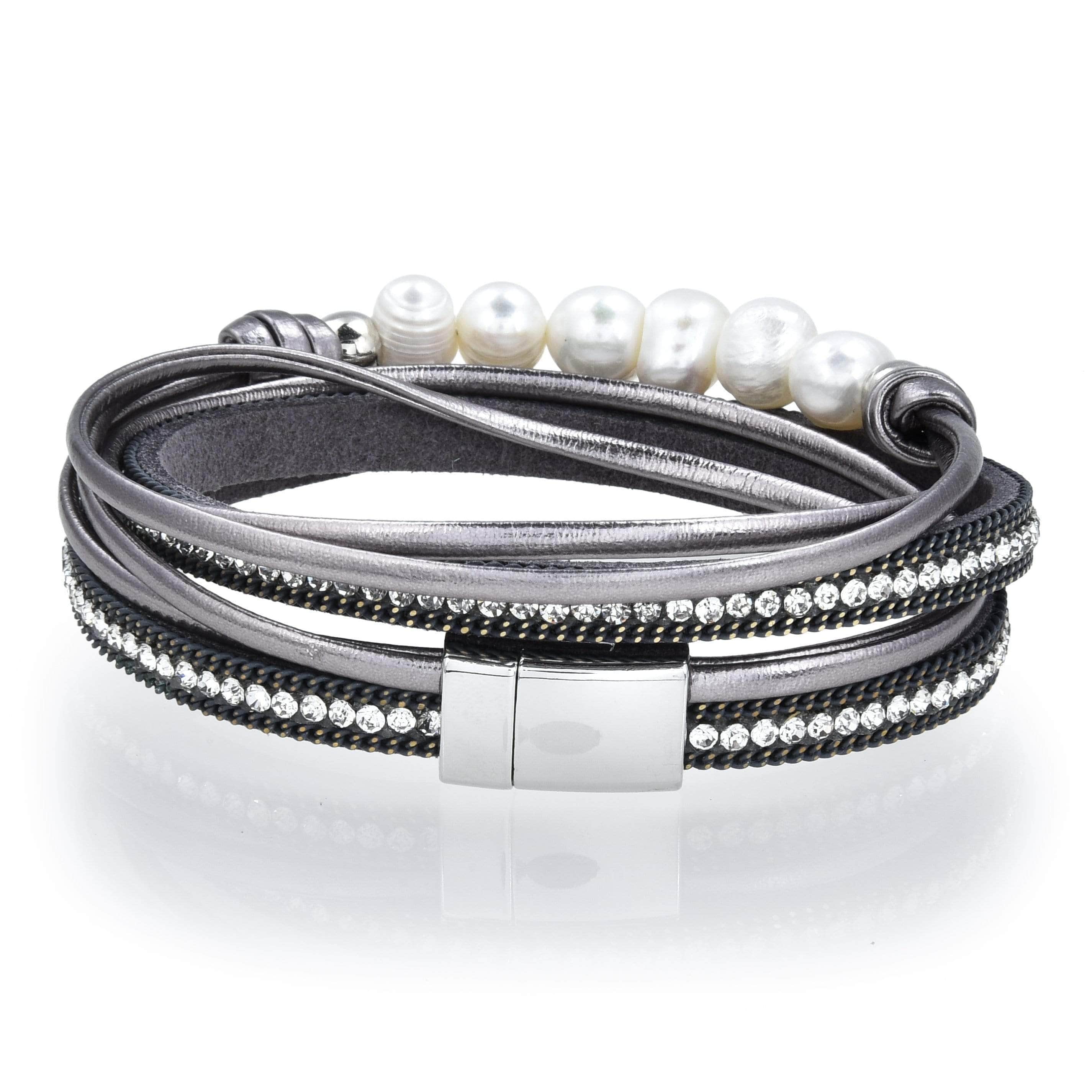 Kalifano Multiwrap Bracelets Multiple Strand Pearl and Diamonds Gray Bracelet with Magnetic Clasp BMW-20-GY