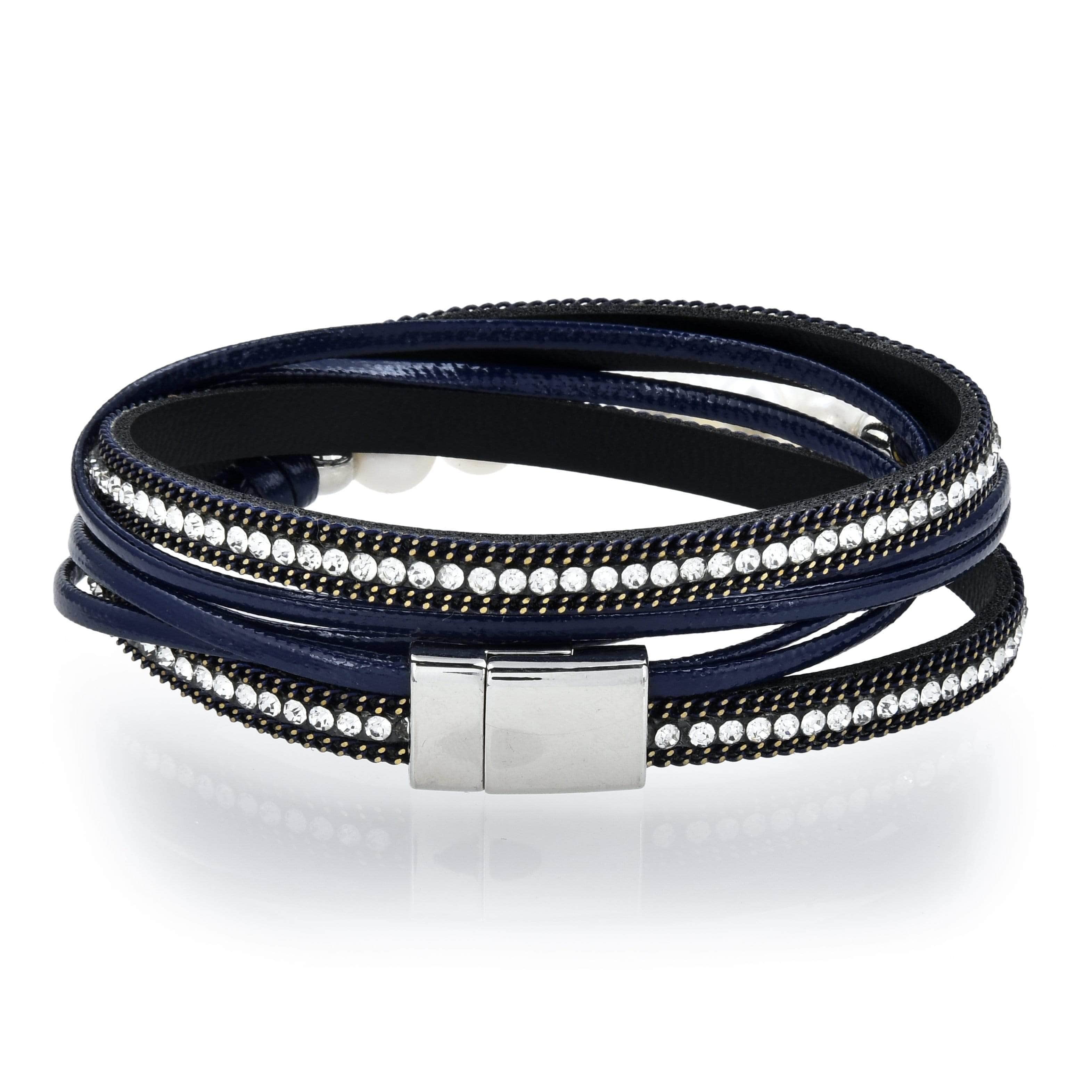 Kalifano Multiwrap Bracelets Multiple Strand Pearl and Diamonds Navy Blue Bracelet with Magnetic Clasp BMW-20-NY