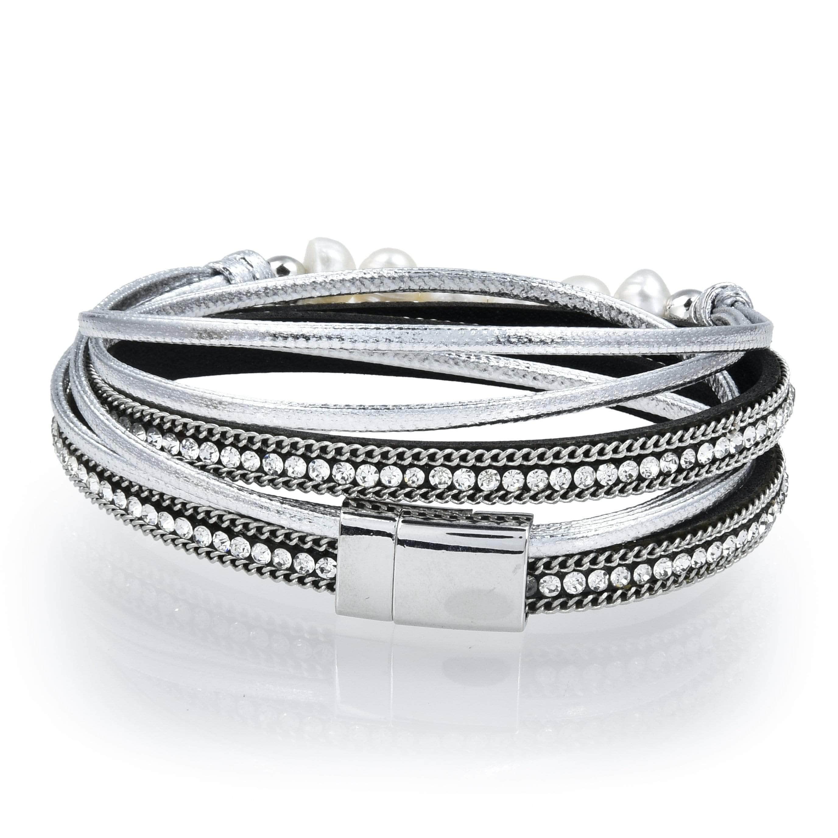 Kalifano Multiwrap Bracelets Multiple Strand Pearl and Diamonds Silver Bracelet with Magnetic Clasp BMW-20-SR