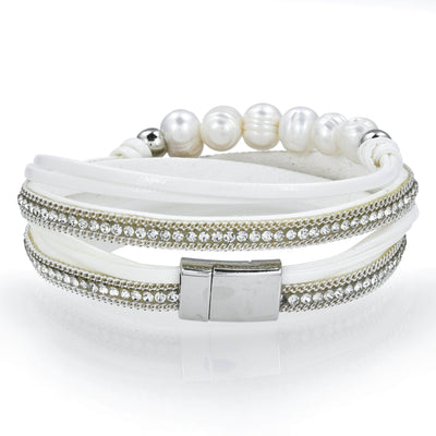 Kalifano Multiwrap Bracelets Multiple Strand Pearl and Diamonds White Bracelet with Magnetic Clasp BMW-20-WE
