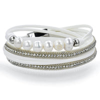 Multiple Strand Pearl and Diamonds White Bracelet with Magnetic Clasp Main Image