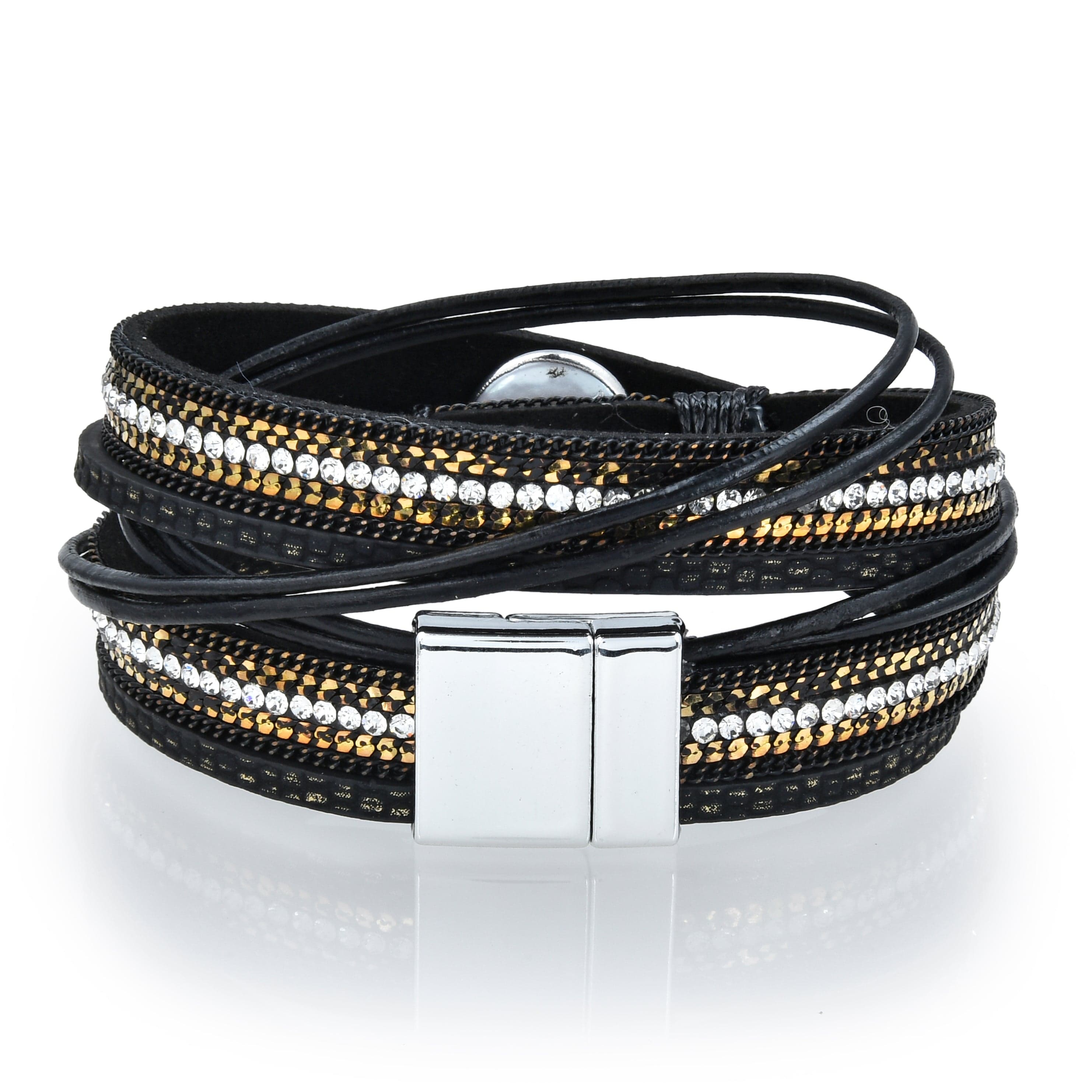 Kalifano Multiwrap Bracelets Multiple Strand Pearl, Gold and Diamonds Black Bracelet with Magnetic Clasp BMW-21-BK
