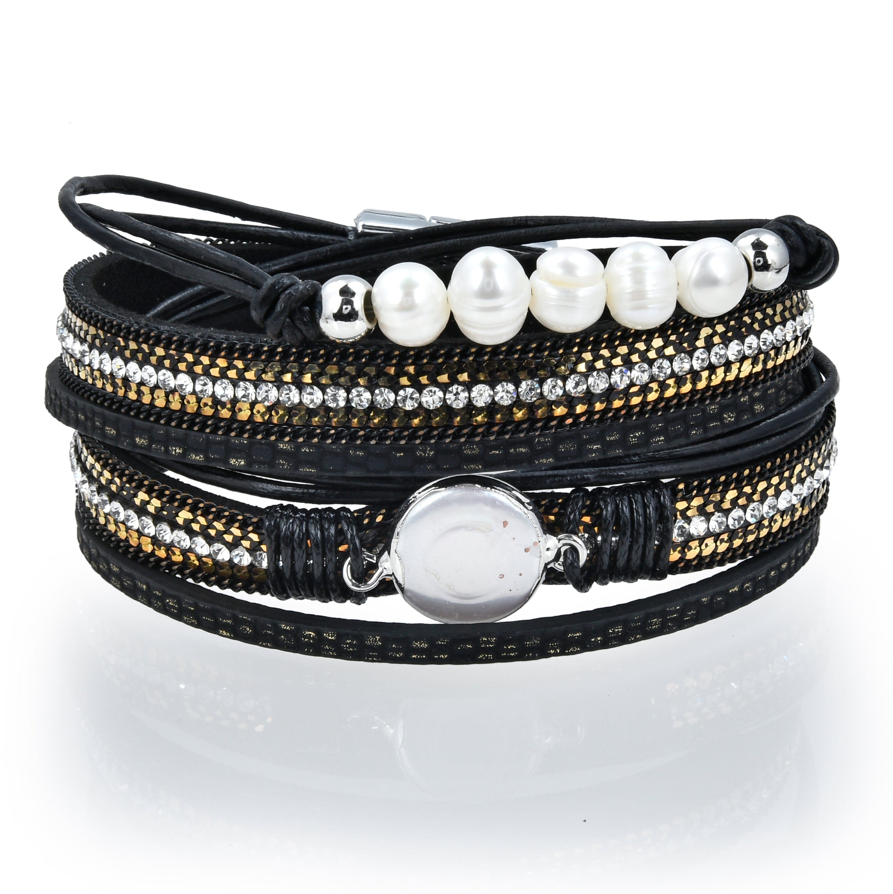 Kalifano Multiwrap Bracelets Multiple Strand Pearl, Gold and Diamonds Black Bracelet with Magnetic Clasp BMW-21-BK