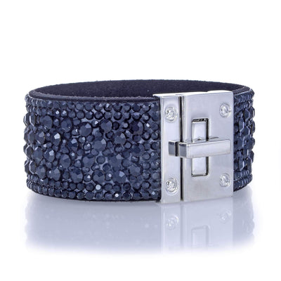Kalifano Multiwrap Bracelets Short Swarovski Crystal Leather Band Bracelet Black with Toggle Lock BMW-18-BK