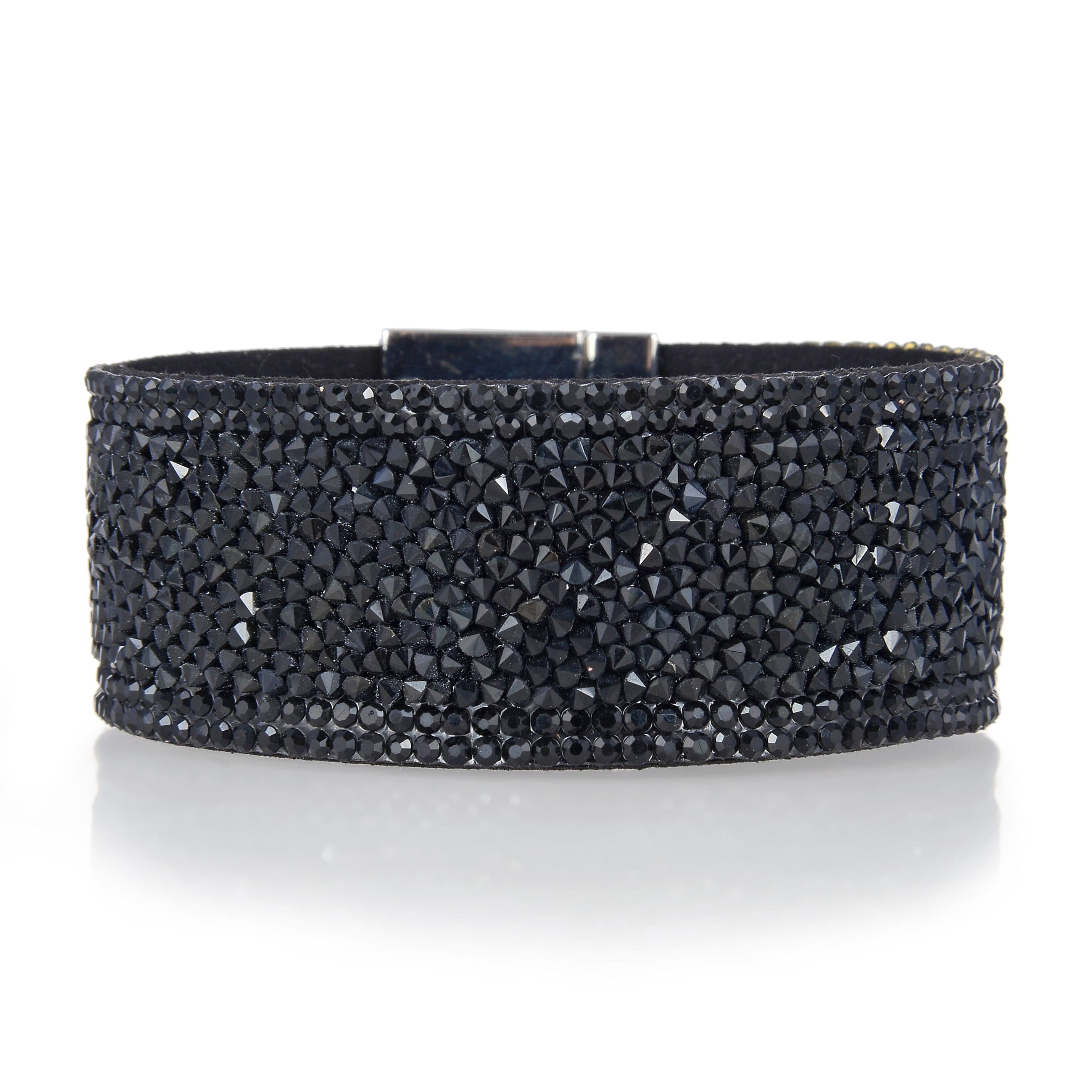 Kalifano Multiwrap Bracelets Short Swarovski Crystal Leather Band Bracelet Black with Toggle Lock BMW-28-BK