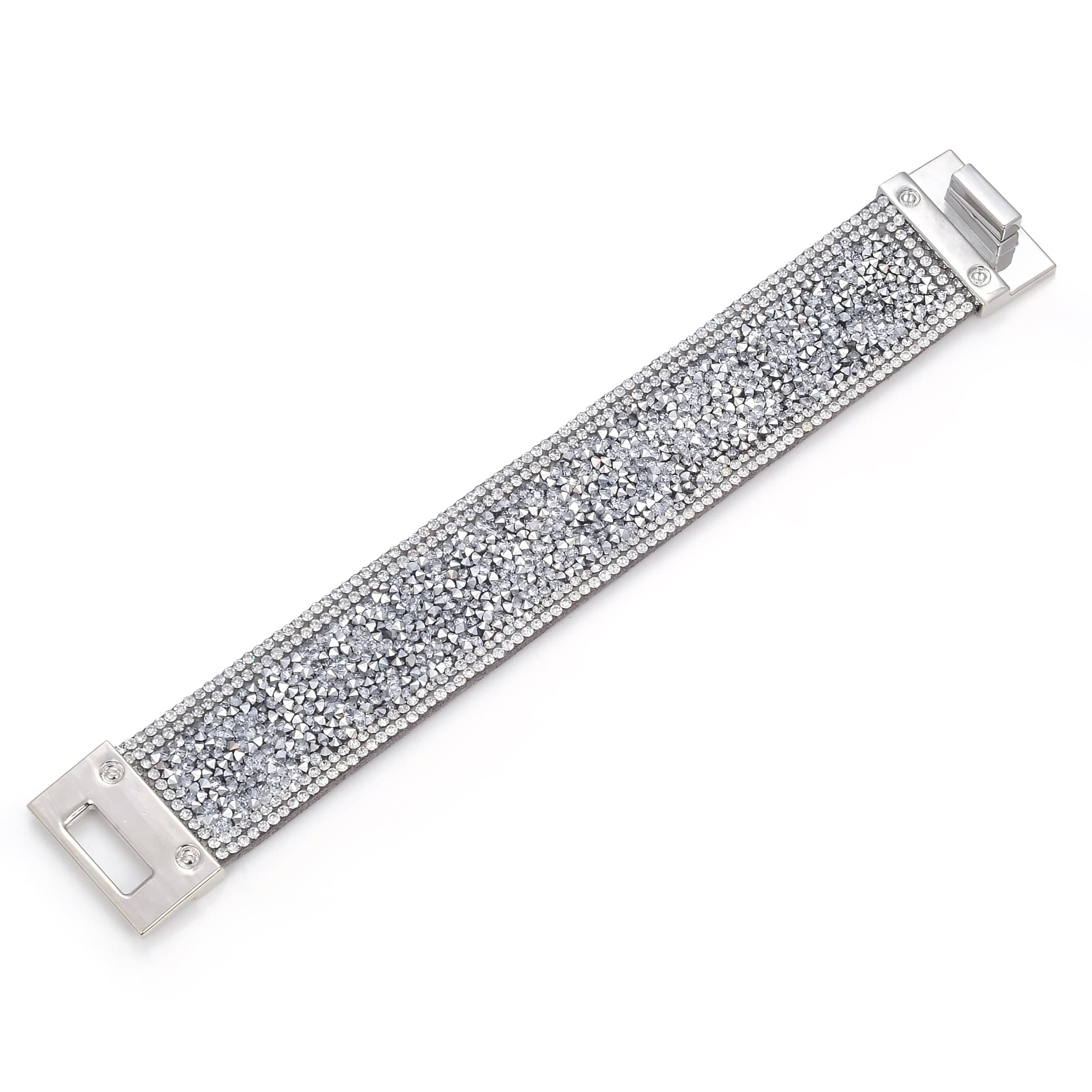 Kalifano Multiwrap Bracelets Short Swarovski Crystal Leather Band Bracelet Silver with Toggle Lock BMW-28-SR