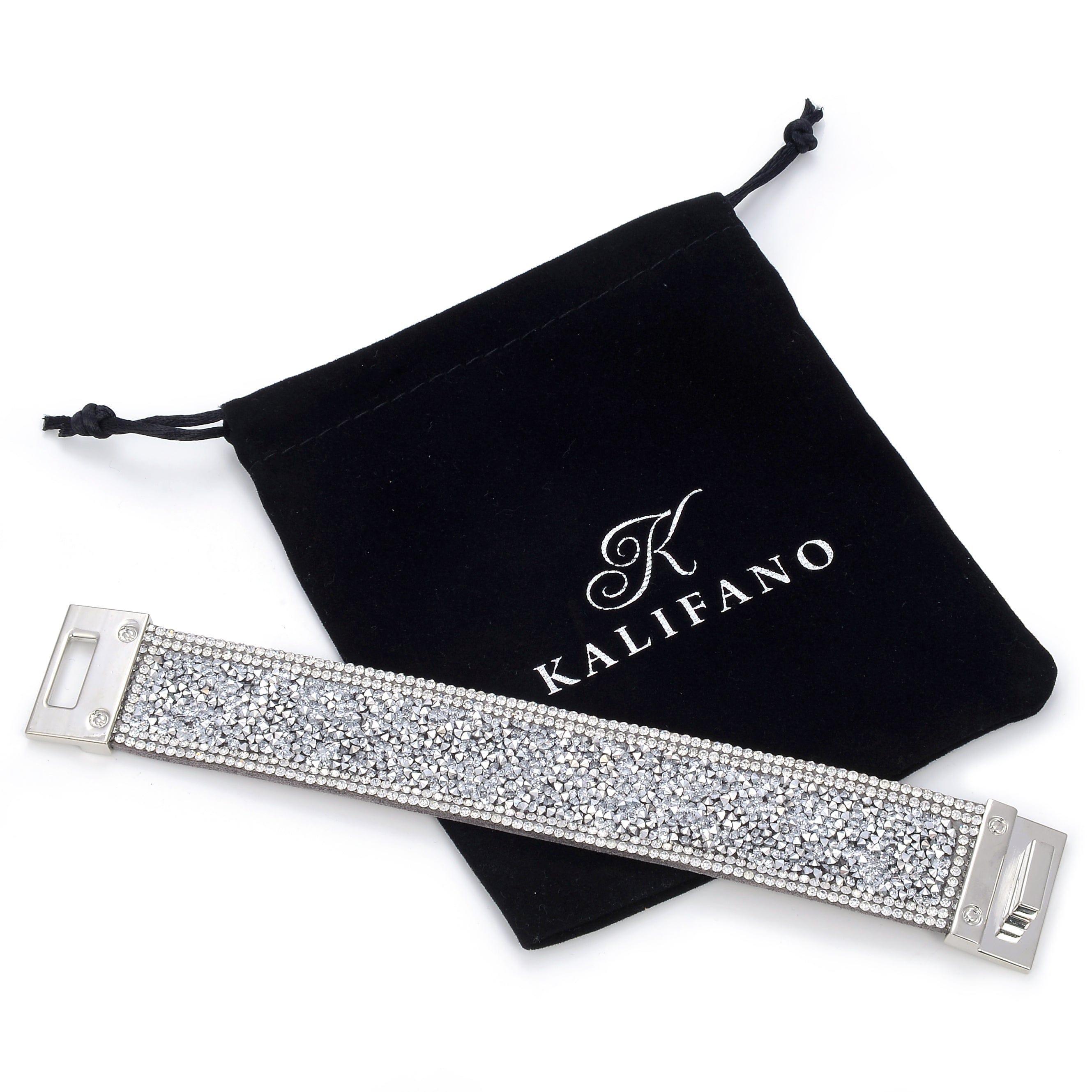 Kalifano Multiwrap Bracelets Short Swarovski Crystal Leather Band Bracelet Silver with Toggle Lock BMW-28-SR