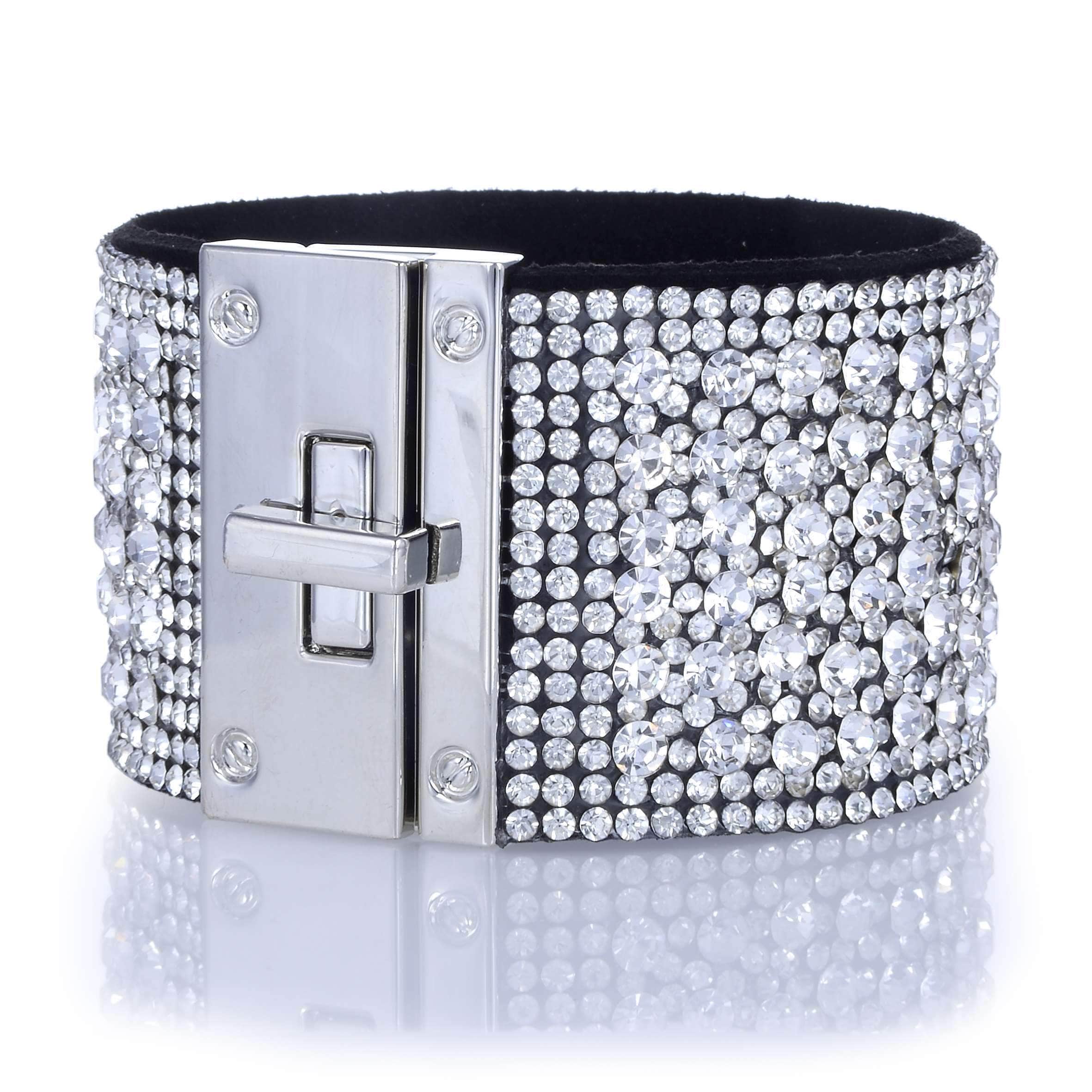 Kalifano Multiwrap Bracelets Swarovski Crystal Leather Band Bracelet White/Black with Toggle Lock BMW-17-WE