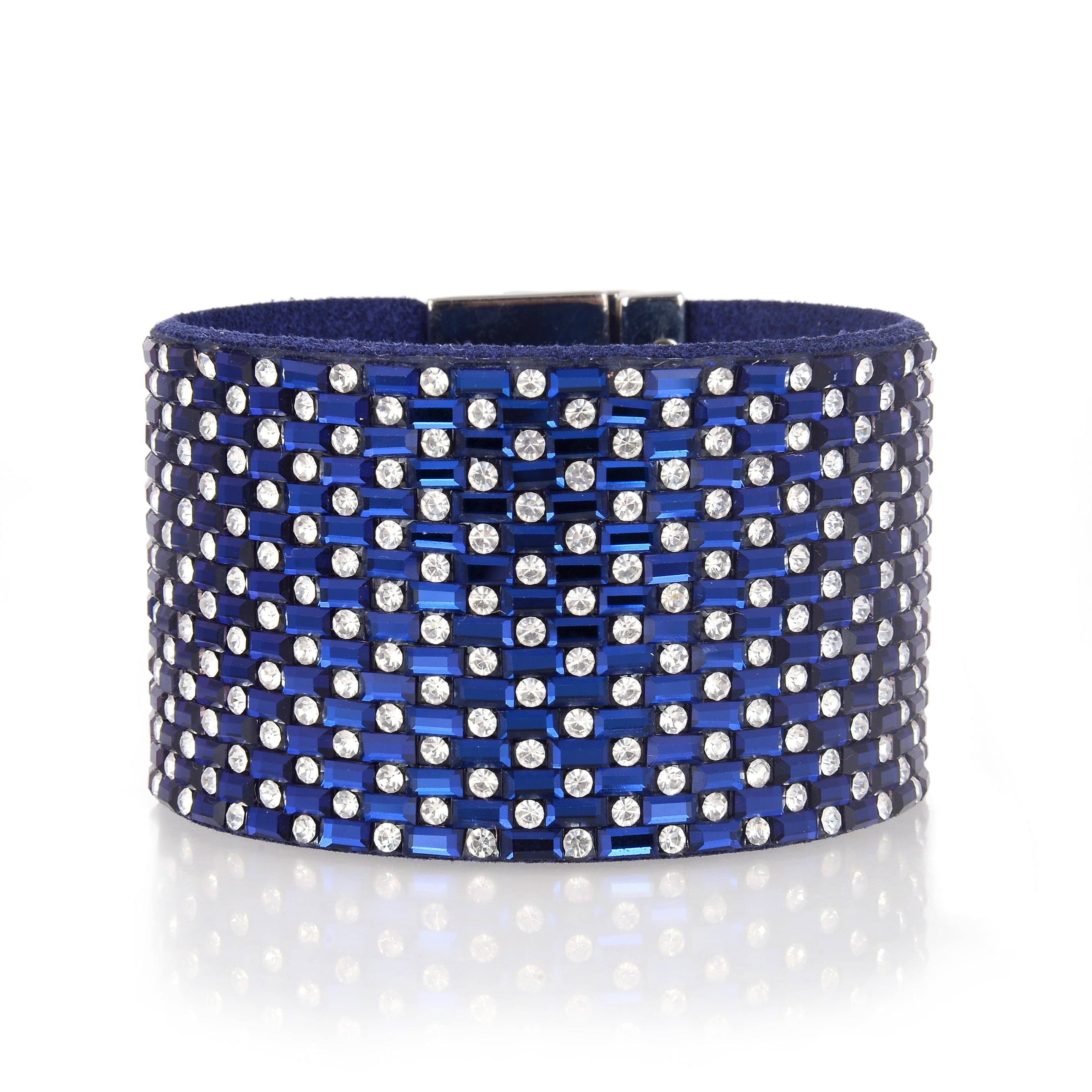Kalifano Multiwrap Bracelets Wide Strand Bracelet Leather Baguette Gemstone Bead Navy Blue With Twist Clasp BMW-16-NY