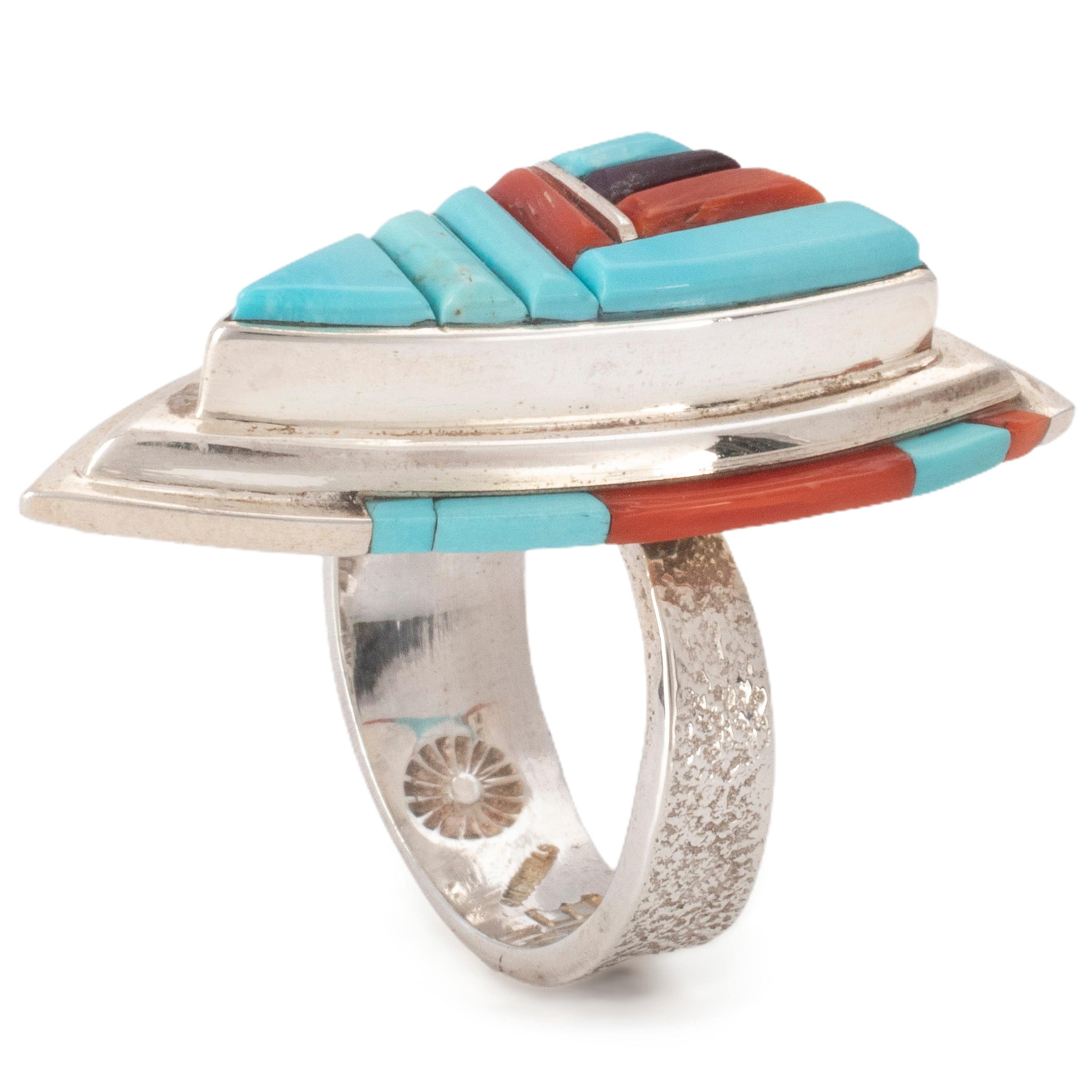 Kalifano Native American Jewelry 10 David Tune Navajo Sleeping Beauty Turquoise, Coral, and Sugilite USA Native American Made 925 Sterling Silver Ring NAR1600.010.10