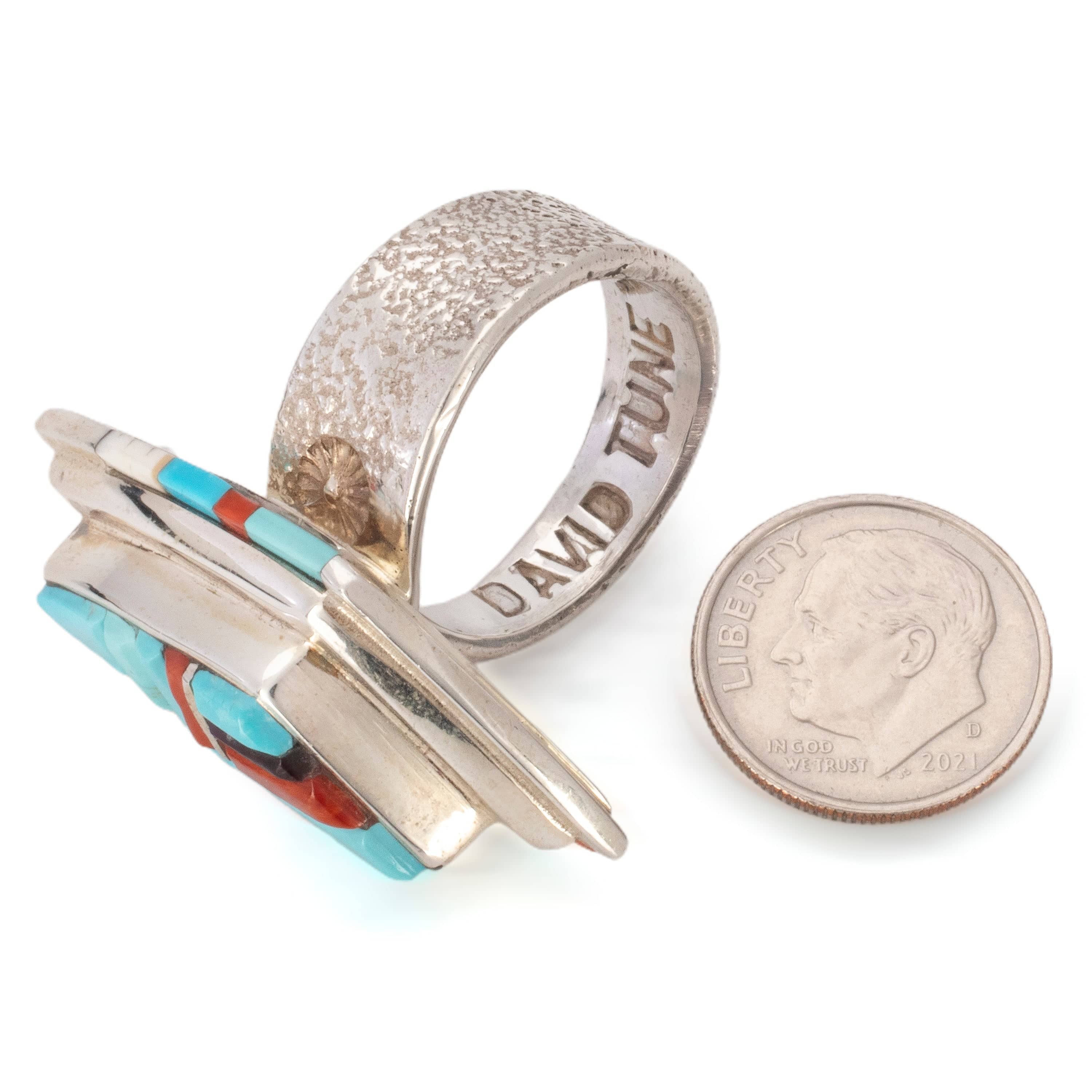 Kalifano Native American Jewelry 10 David Tune Navajo Sleeping Beauty Turquoise, Coral, and Sugilite USA Native American Made 925 Sterling Silver Ring NAR1600.010.10