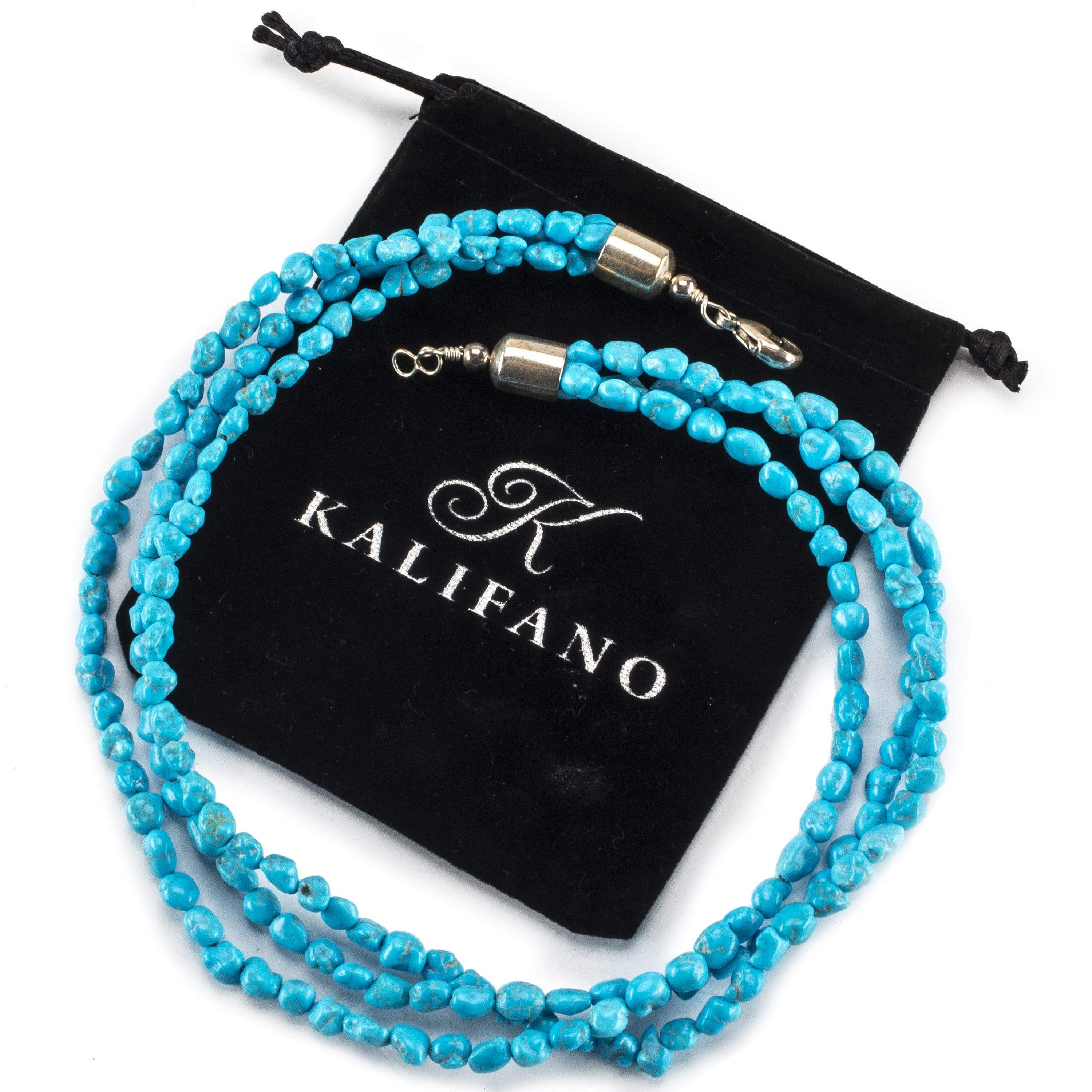 Kalifano Native American Jewelry 18" Three Strand Genuine Turquoise Nugget USA Native American Made 925 Sterling Silver Necklace NAN600.002