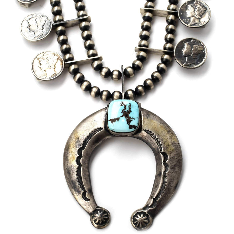 Kalifano Native American Jewelry 32" Kingman Turquoise Navajo Squash Blossom with 14 Antique Mercury Dimes USA Native American Made 925 Sterling Silver Necklace NAN6900.001