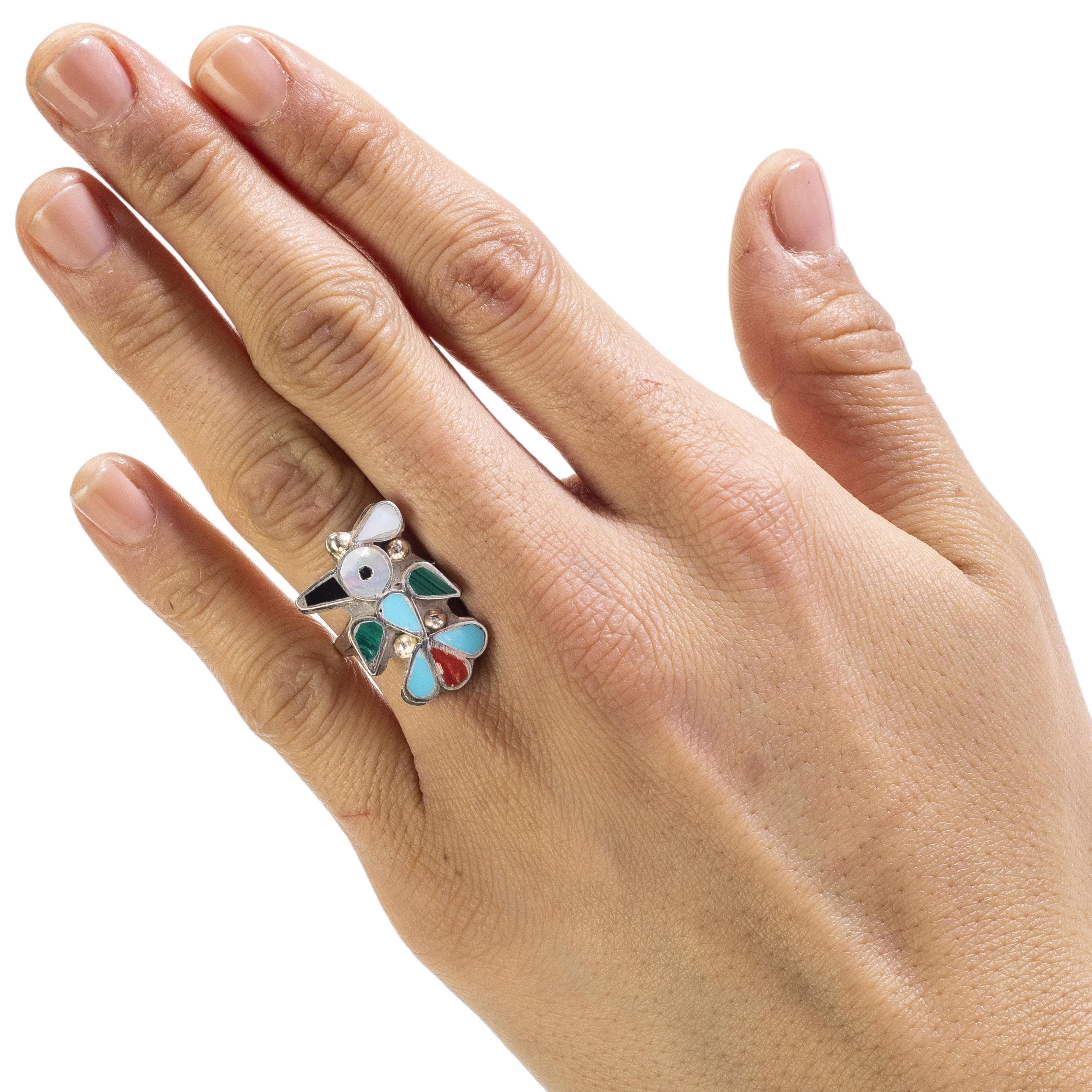 Kalifano Native American Jewelry 5.5 Pino Yunie Zuni Peyote Bird with Mother of Pearl, Black Onyx, Coral, Malachite, and Turquoise USA Native American Made 925 Sterling Silver Ring NAR200.024.55