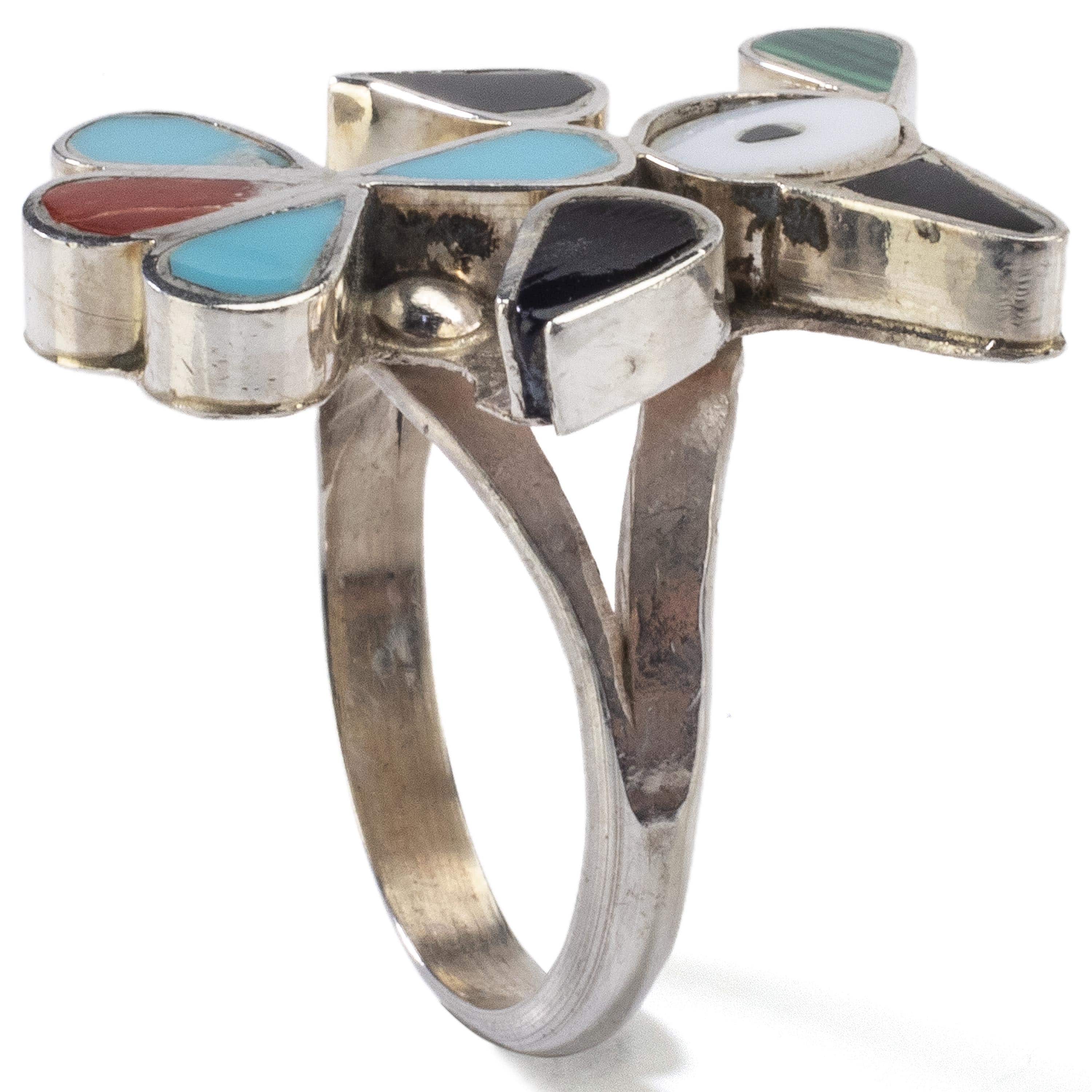 Kalifano Native American Jewelry 5.5 Pino Yunie Zuni Peyote Bird with Mother of Pearl, Black Onyx, Coral, Malachite, and Turquoise USA Native American Made 925 Sterling Silver Ring NAR200.025.55