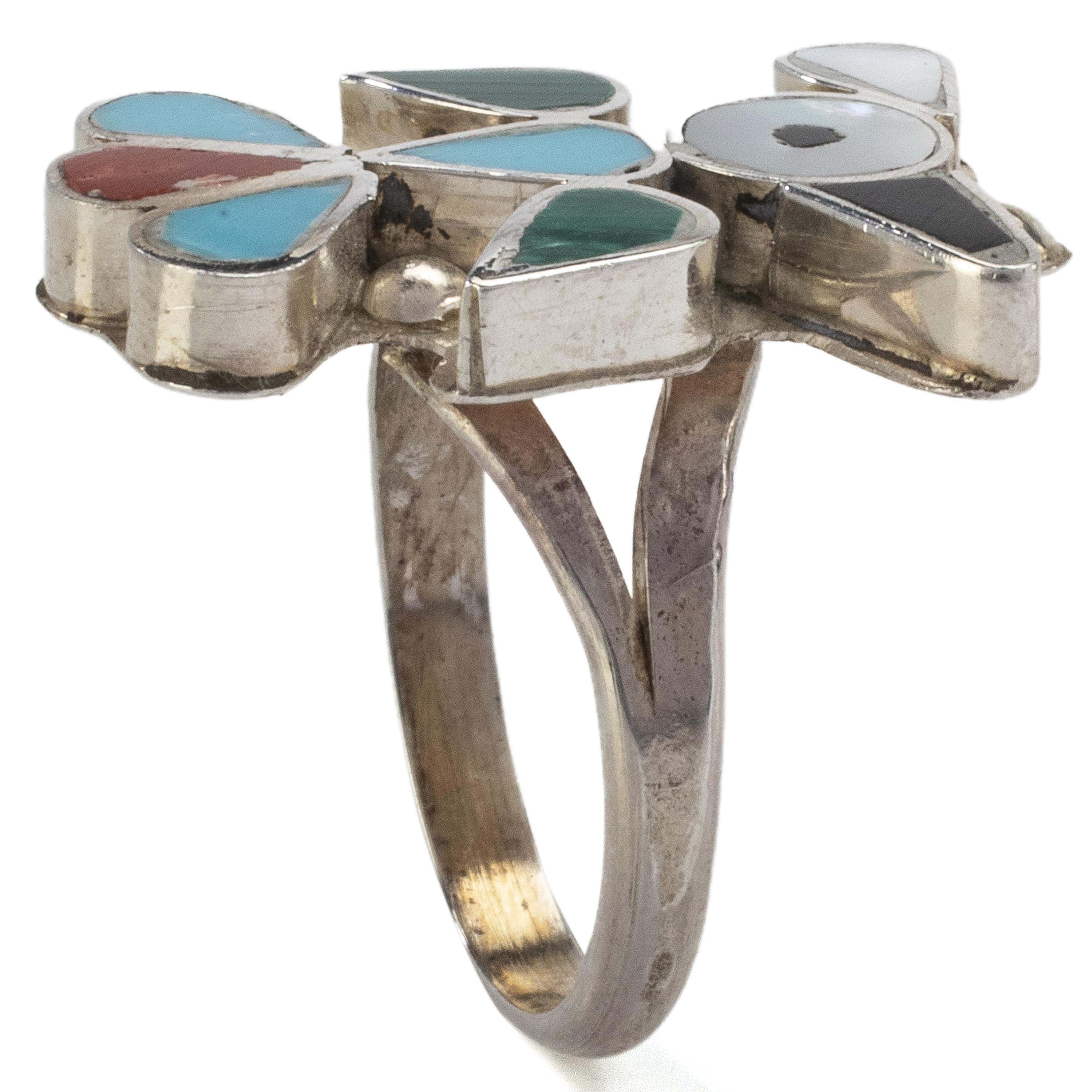 Kalifano Native American Jewelry 5.5 Pino Yunie Zuni Peyote Bird with Mother of Pearl, Black Onyx, Coral, Malachite, and Turquoise USA Native American Made 925 Sterling Silver Ring NAR200.024.55