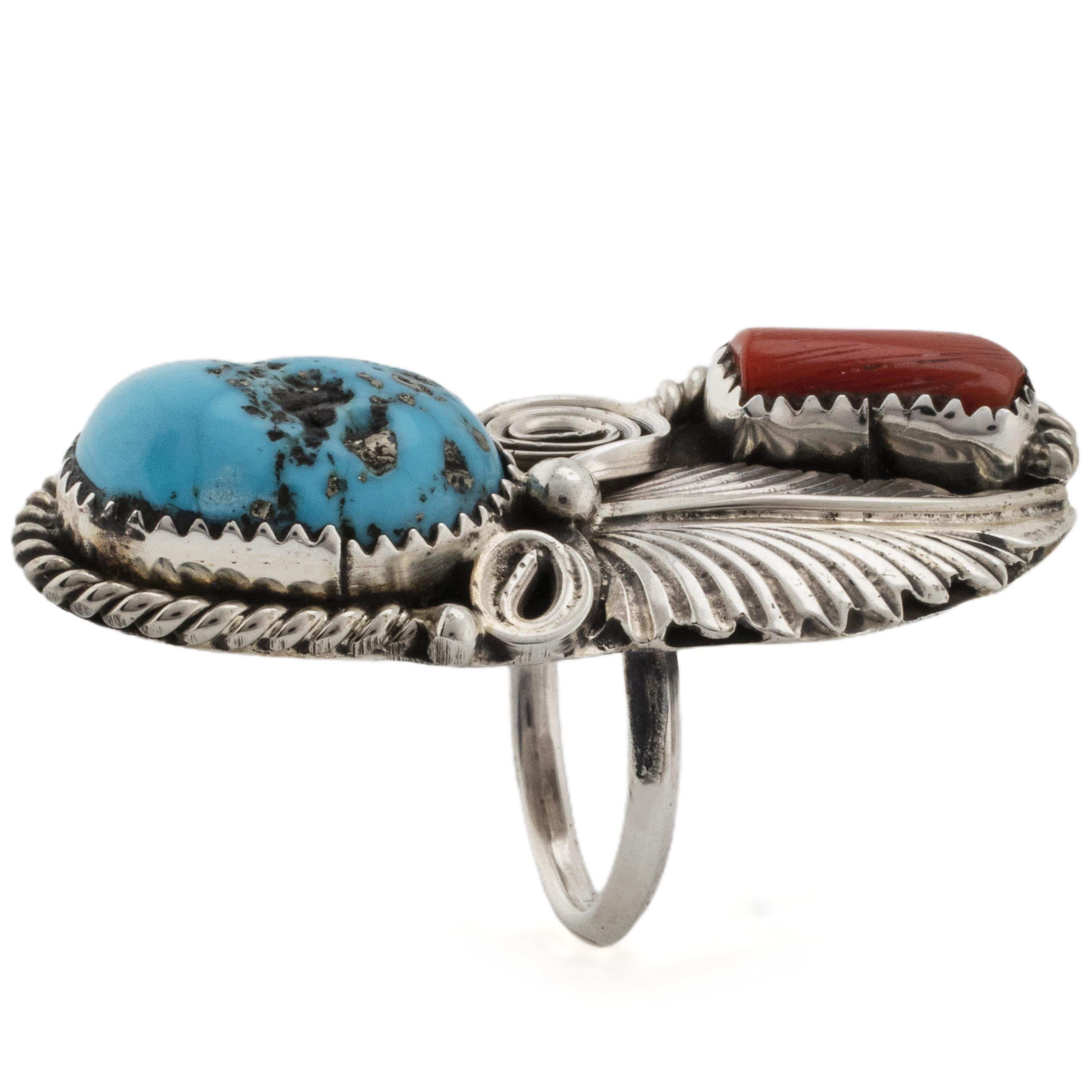 Kalifano Native American Jewelry 5 Mike Thomas Jr. Kingman Turquoise and Coral Navajo USA Native American Made 925 Sterling Silver Ring NAR800.024.5
