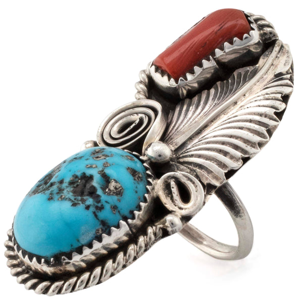 925 Sterling Silver Turquoise and Coral good Ring