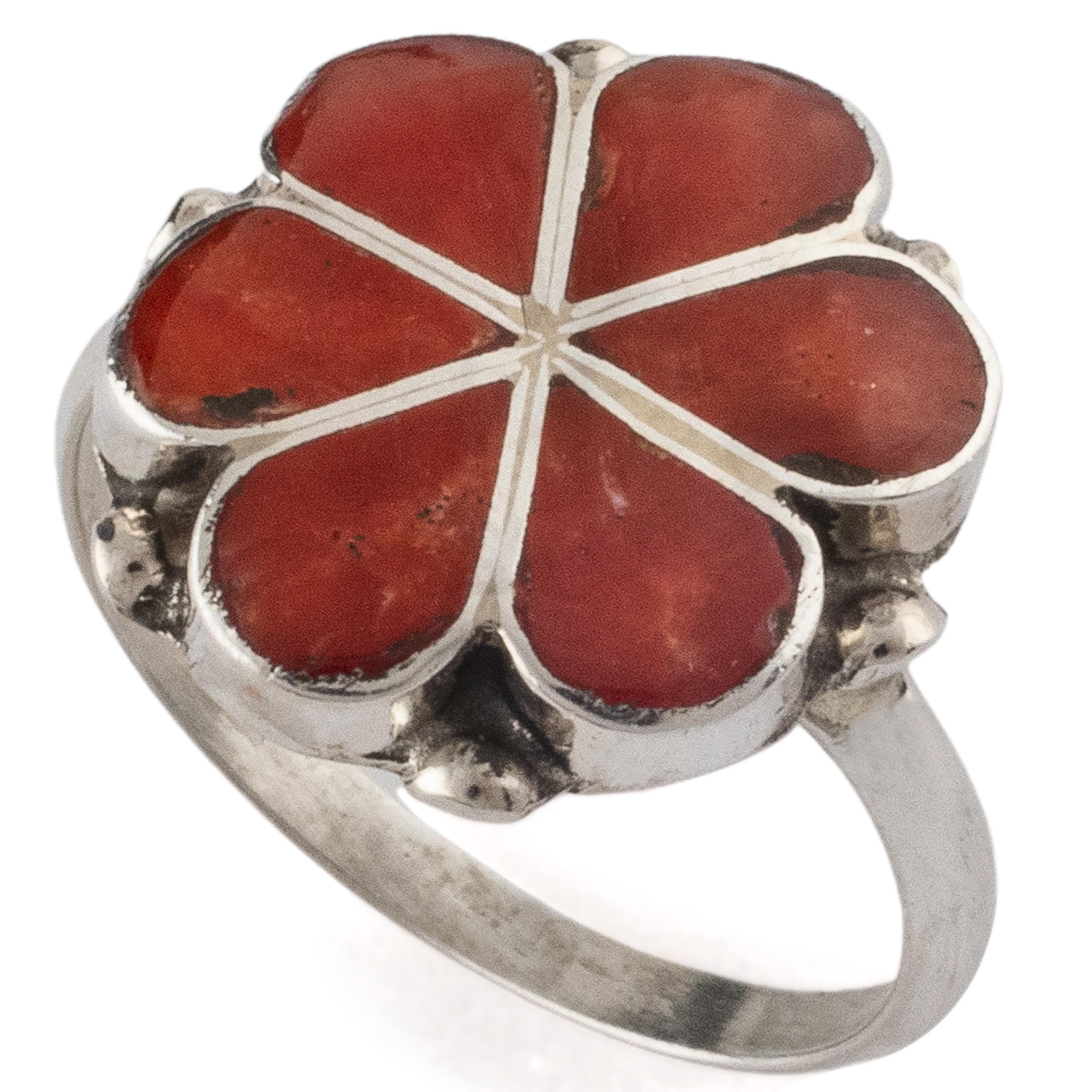 Kalifano Native American Jewelry 6.5 Bernadette Hattie Zuni Coral Flower Inlay USA Native American Made 925 Sterling Silver Ring NAR250.008.65