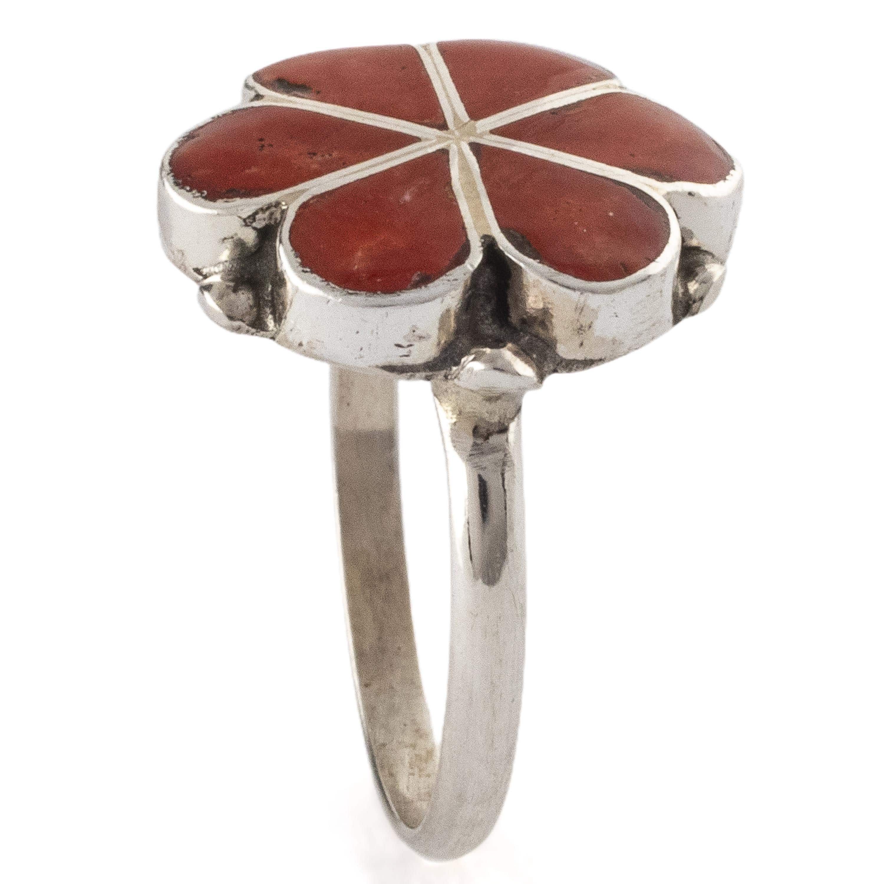 Kalifano Native American Jewelry 6.5 Bernadette Hattie Zuni Coral Flower Inlay USA Native American Made 925 Sterling Silver Ring NAR250.008.65