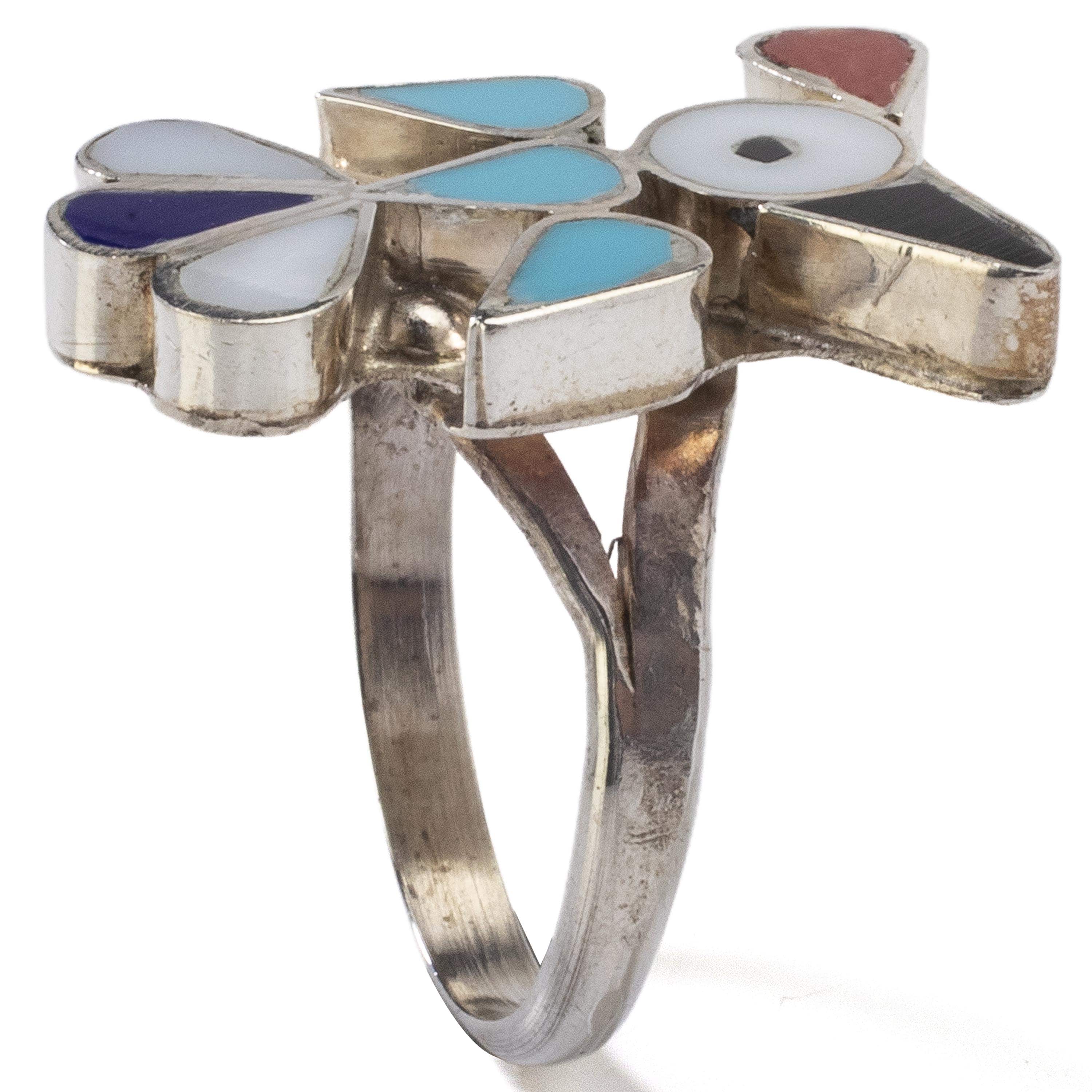Kalifano Native American Jewelry 6.5 Pino Yunie Zuni Peyote Bird with Mother of Pearl, Black Onyx, Coral, Lapis, and Turquoise USA Native American Made 925 Sterling Silver Ring NAR200.026.65