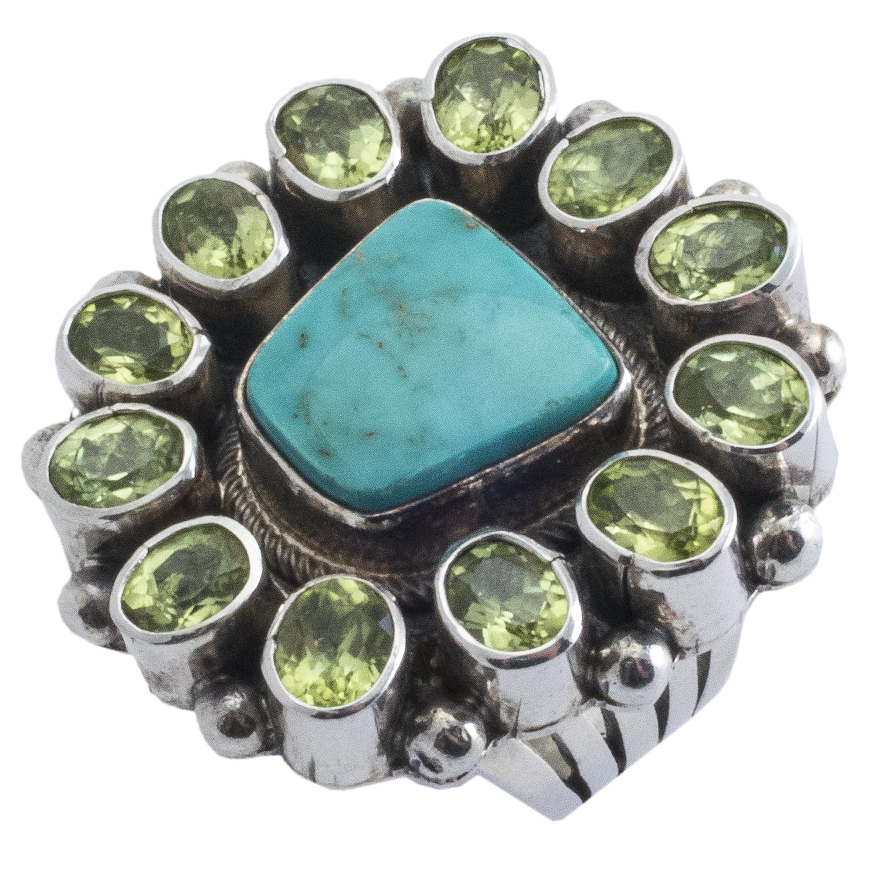 Kalifano Native American Jewelry 6 Paul Livingston Peridot with Kingman Turquoise Center USA Native American Made 925 Sterling Silver Ring NAR1600.001.6
