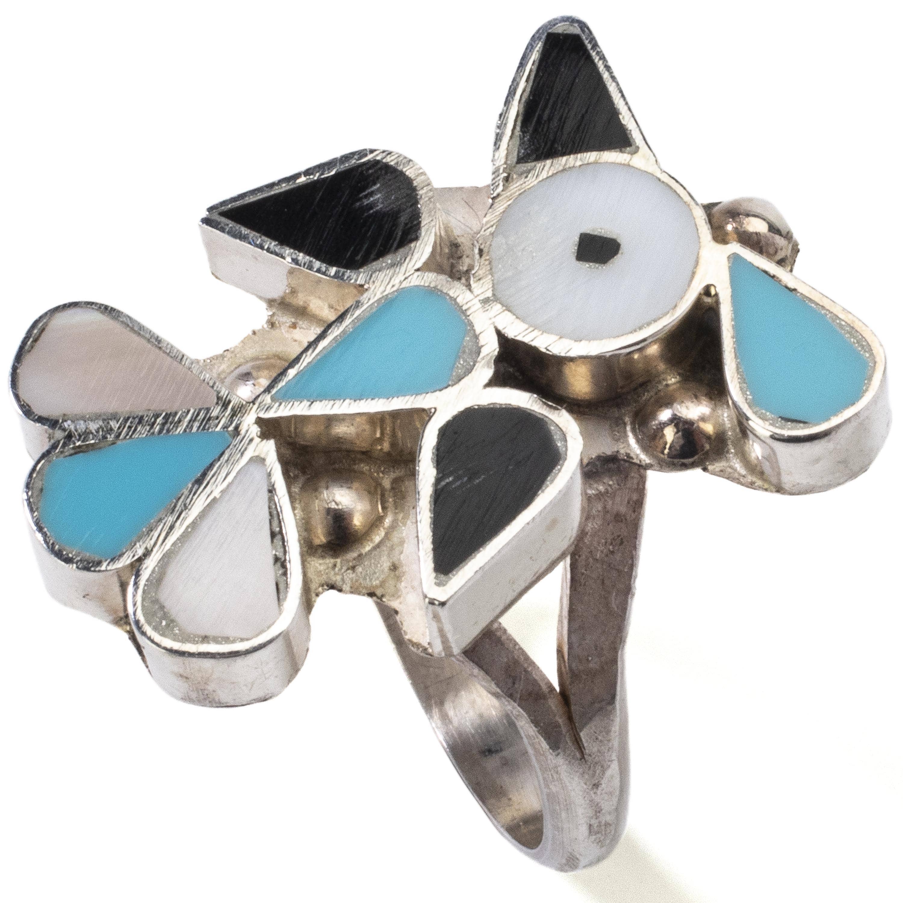 Kalifano Native American Jewelry 6 Pino Yunie Zuni Peyote Bird with Mother of Pearl, Black Onyx, and Turquoise USA Native American Made 925 Sterling Silver Ring NAR200.027.6