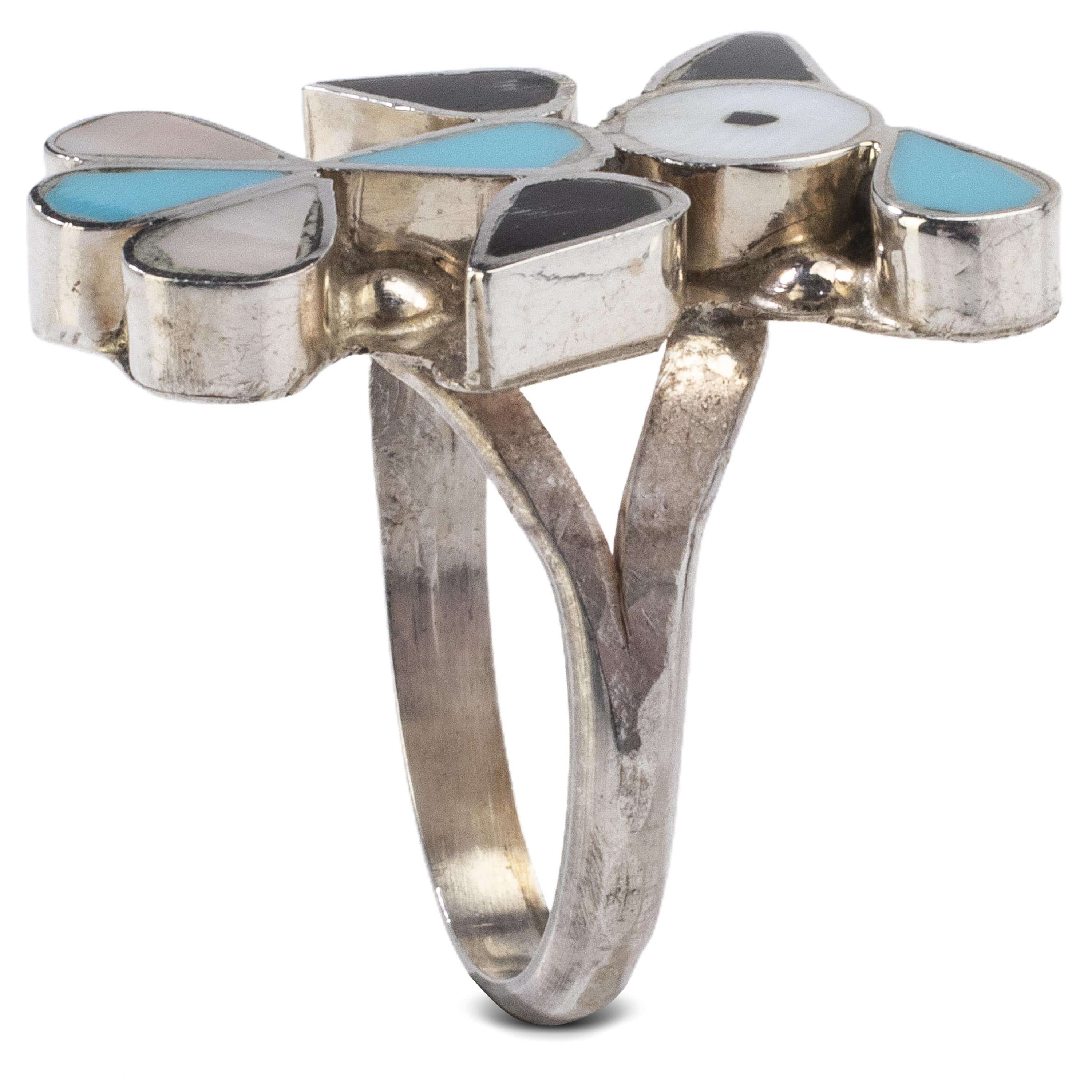 Kalifano Native American Jewelry 6 Pino Yunie Zuni Peyote Bird with Mother of Pearl, Black Onyx, and Turquoise USA Native American Made 925 Sterling Silver Ring NAR200.027.6