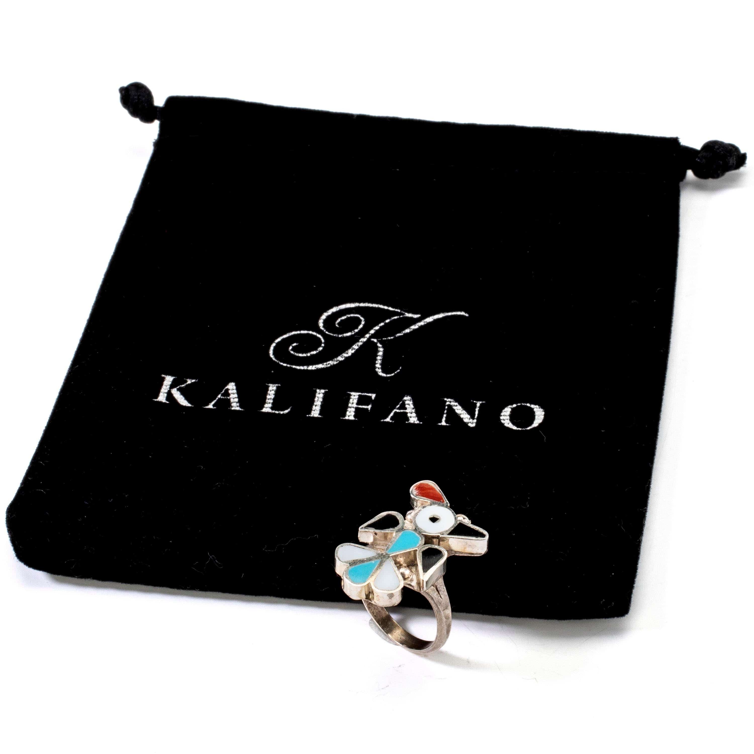 Kalifano Native American Jewelry 6 Pino Yunie Zuni Peyote Bird with Mother of Pearl, Black Onyx, Turquoise, and Coral USA Native American Made 925 Sterling Silver Ring NAR200.018.6